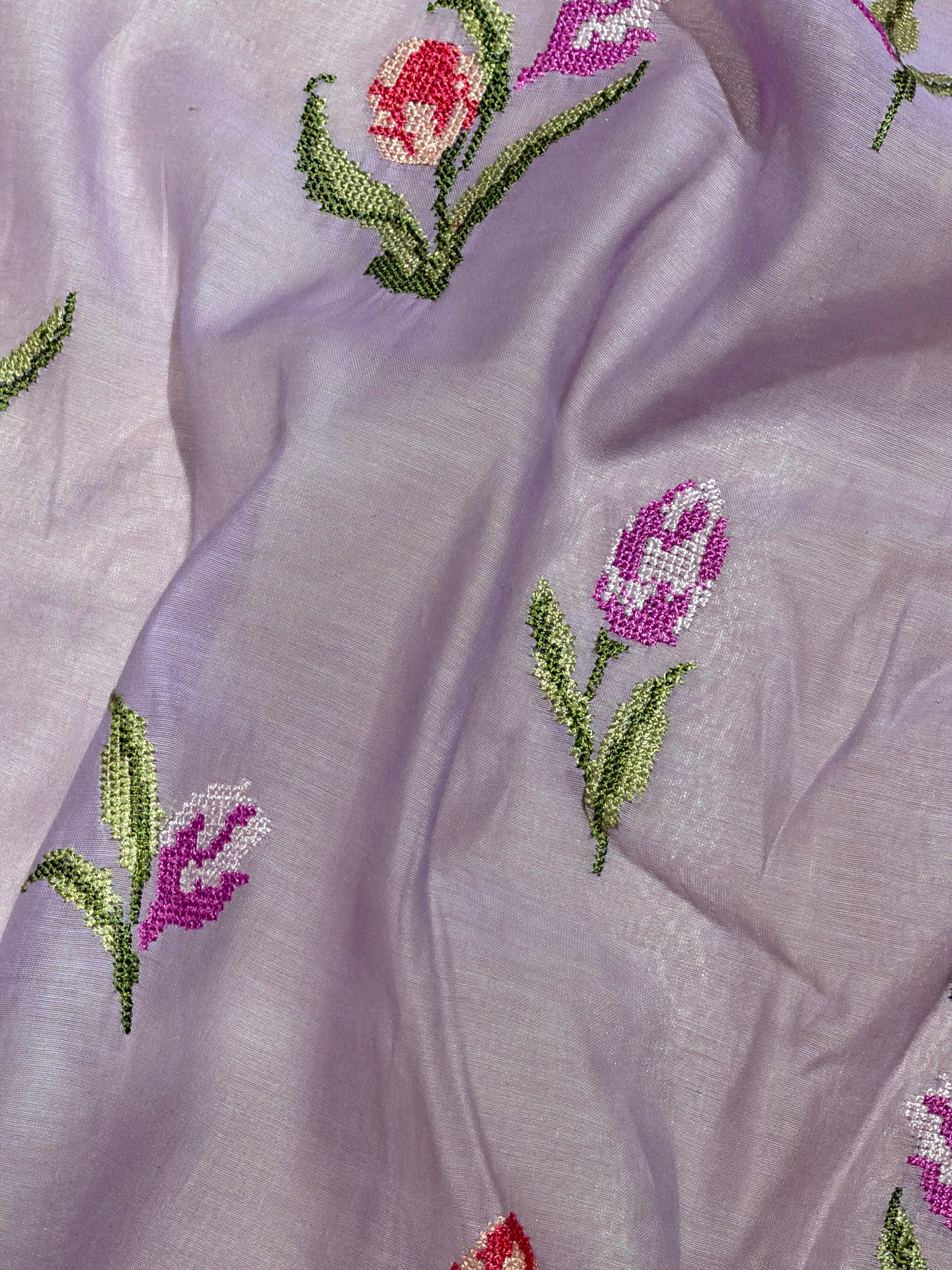 Soft Lilac Mul Fabric with Floral Embroidered Pattern