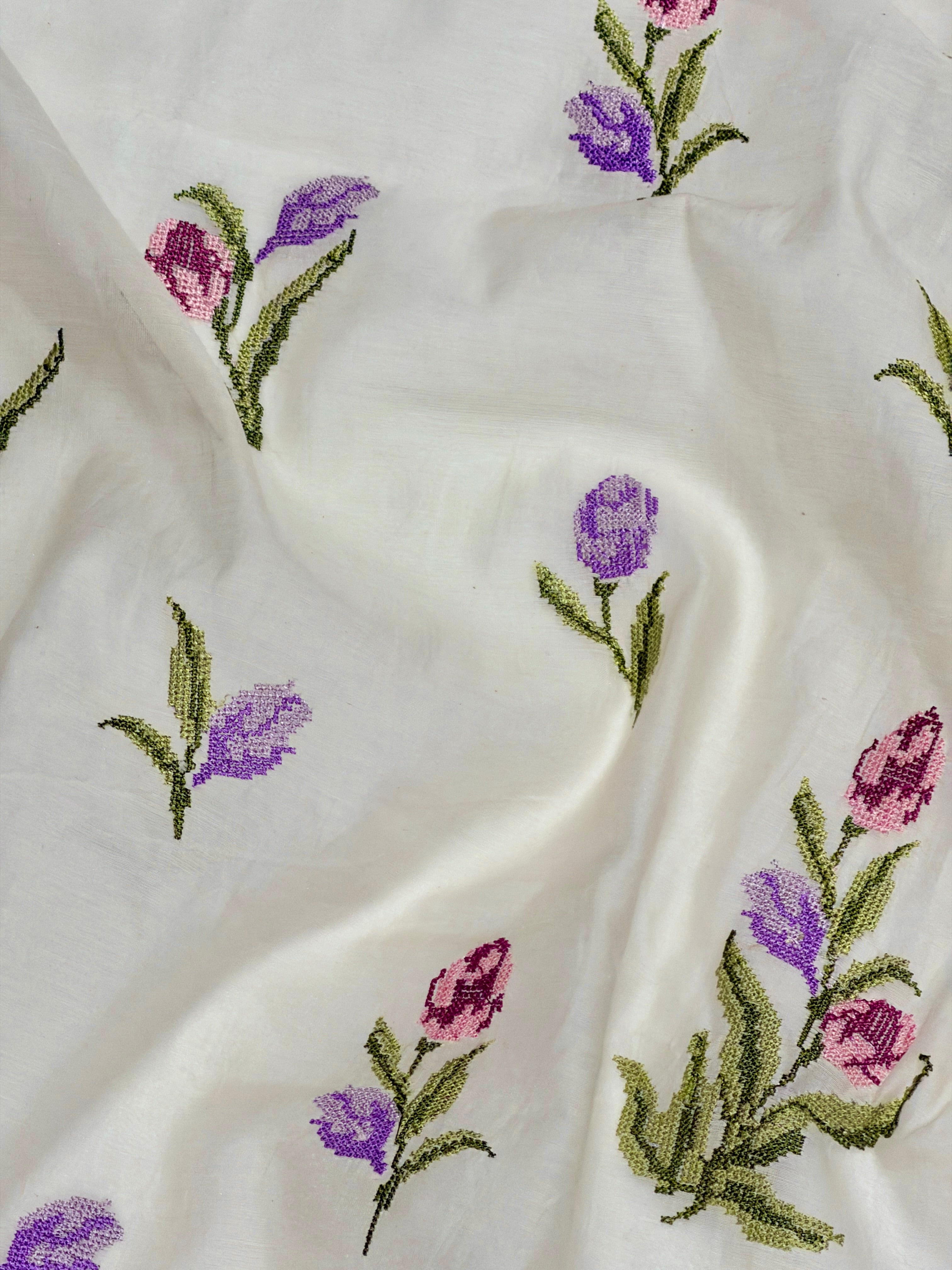 White Mul Fabric with Floral Embroidered Pattern