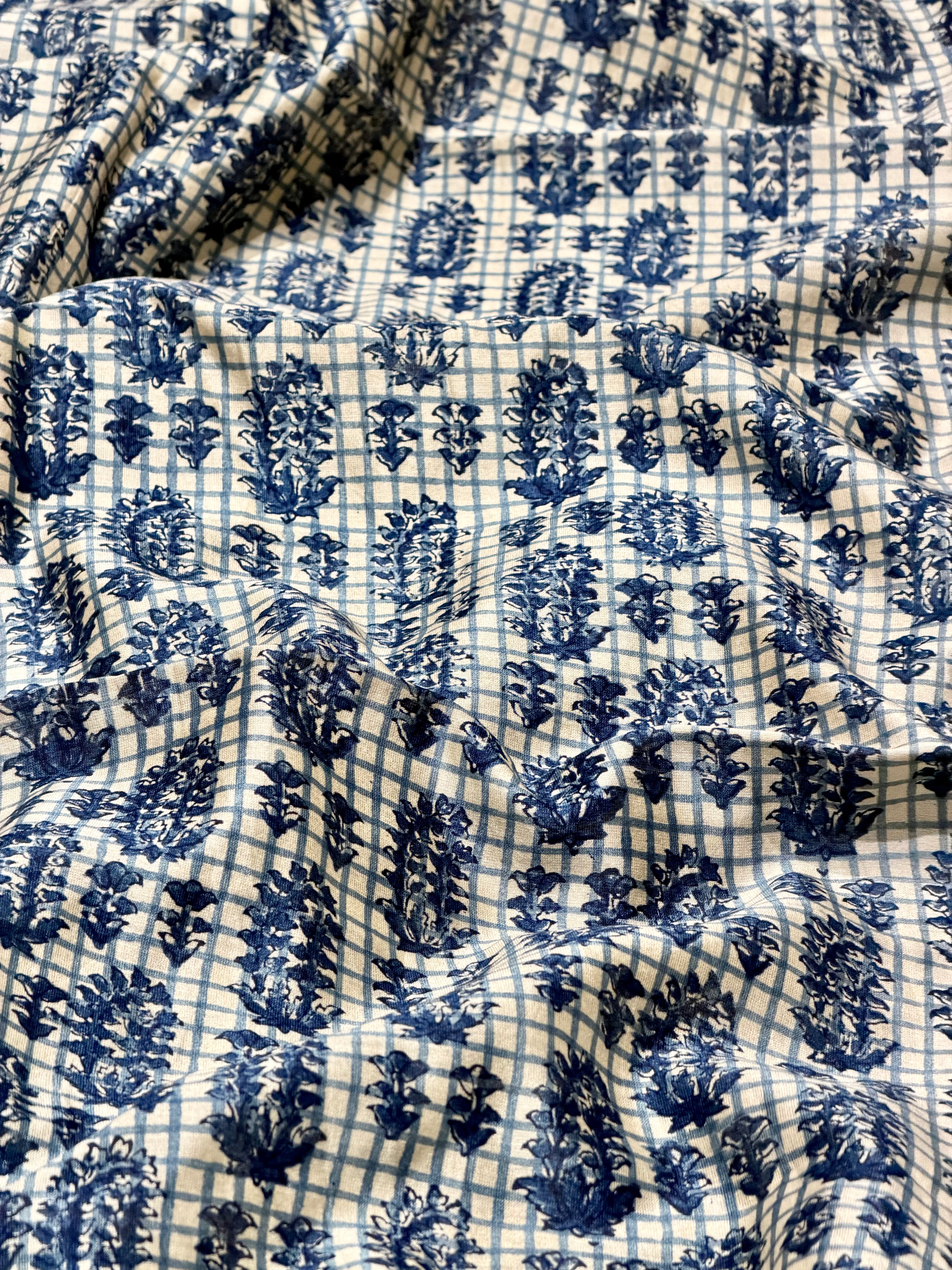 Indigo Floral Motif on Checkered Chanderi Silk Fabric