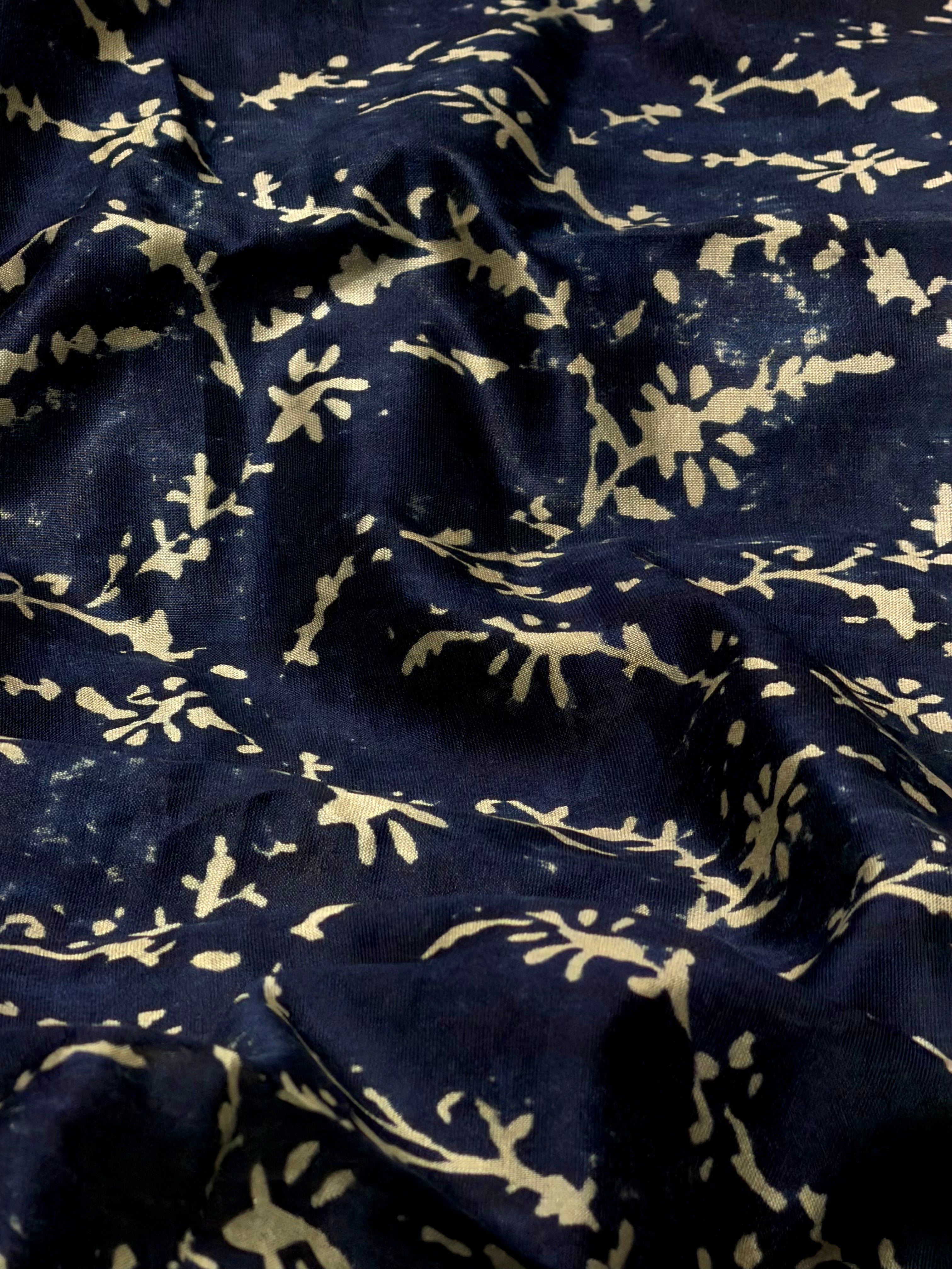 Indigo Floral Vine Jaal Chanderi Silk Fabric
