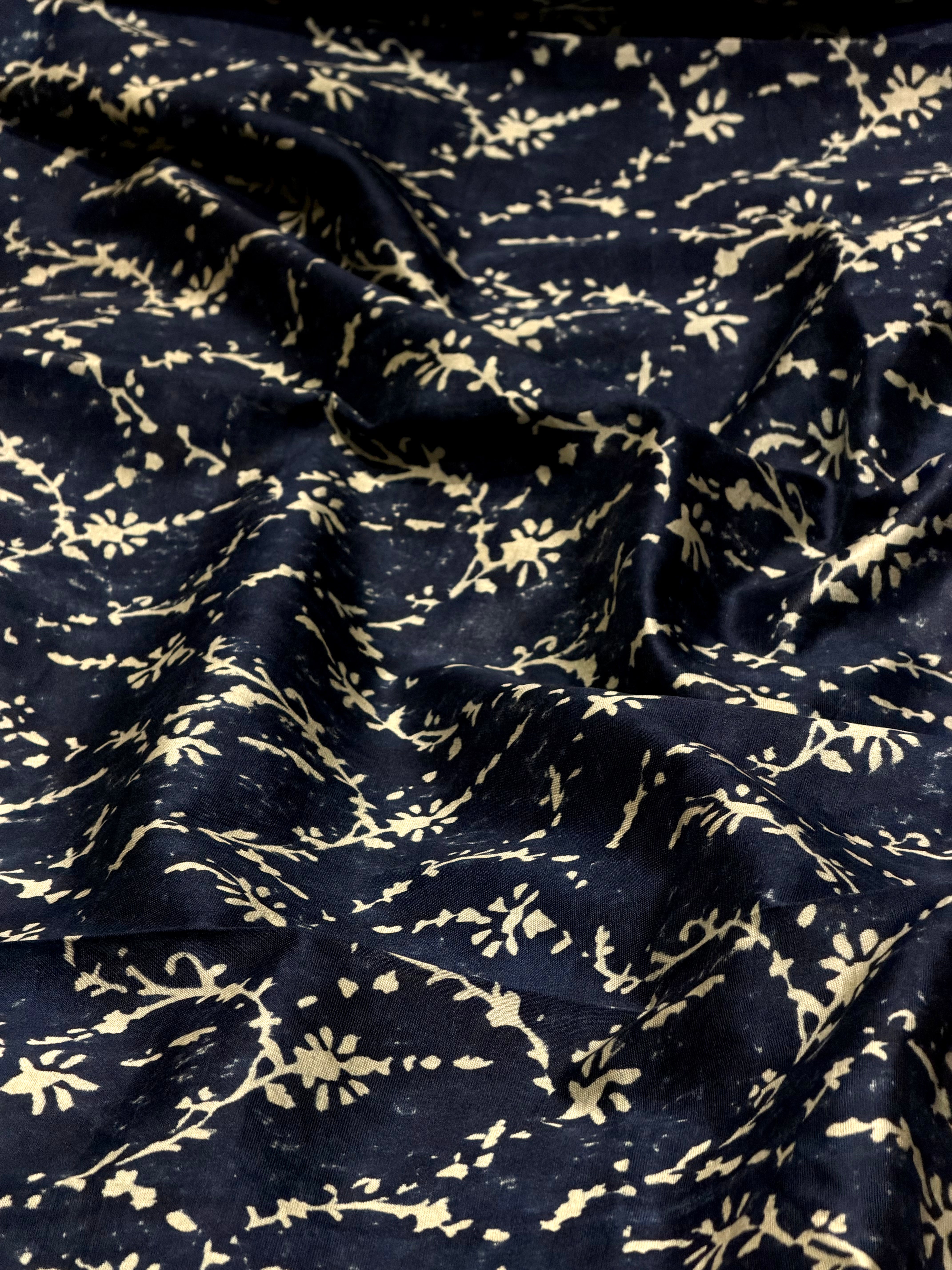 Indigo Floral Vine Jaal Chanderi Silk Fabric