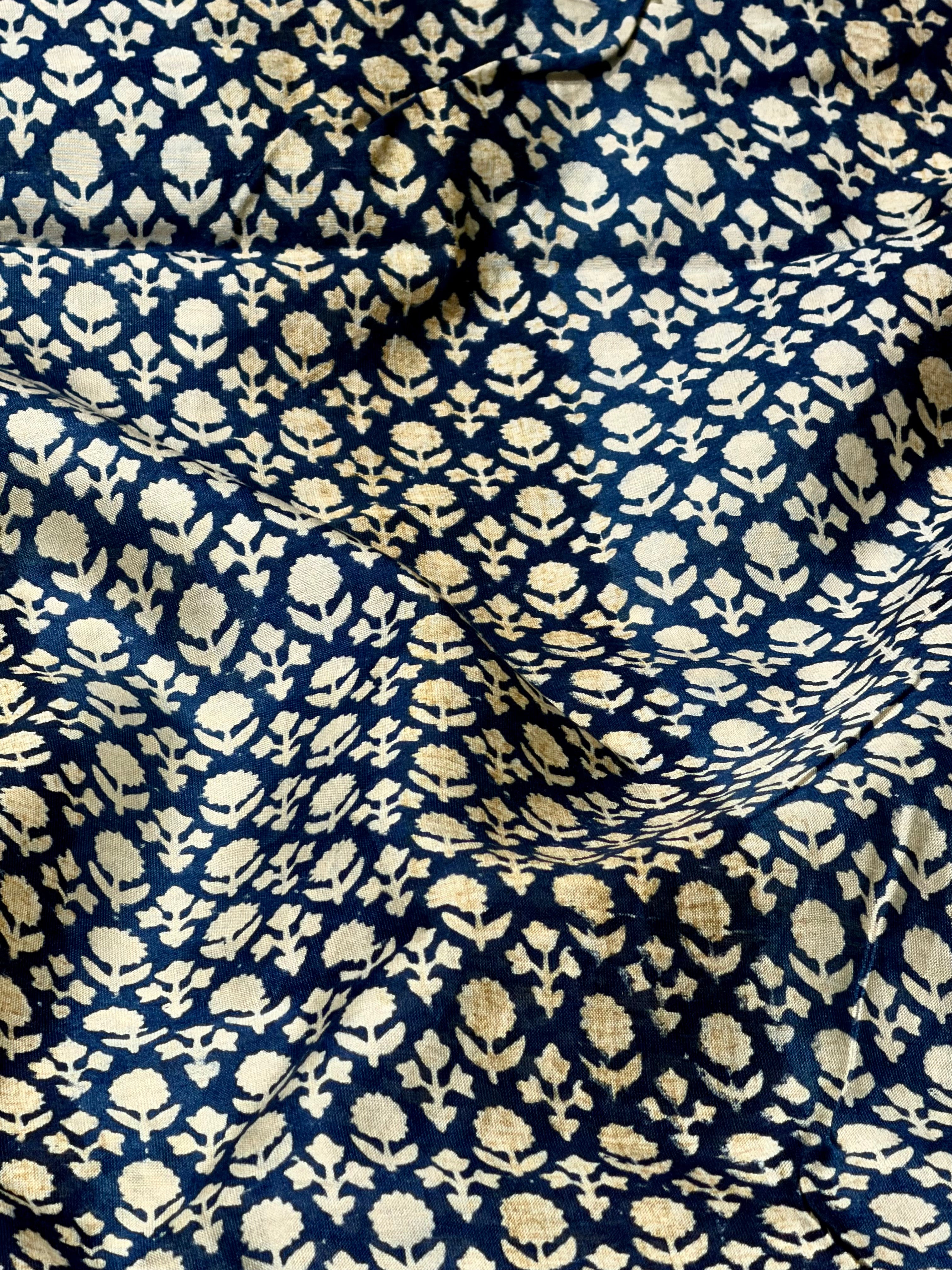 Indigo Chanderi Silk Fabric With Block Printing