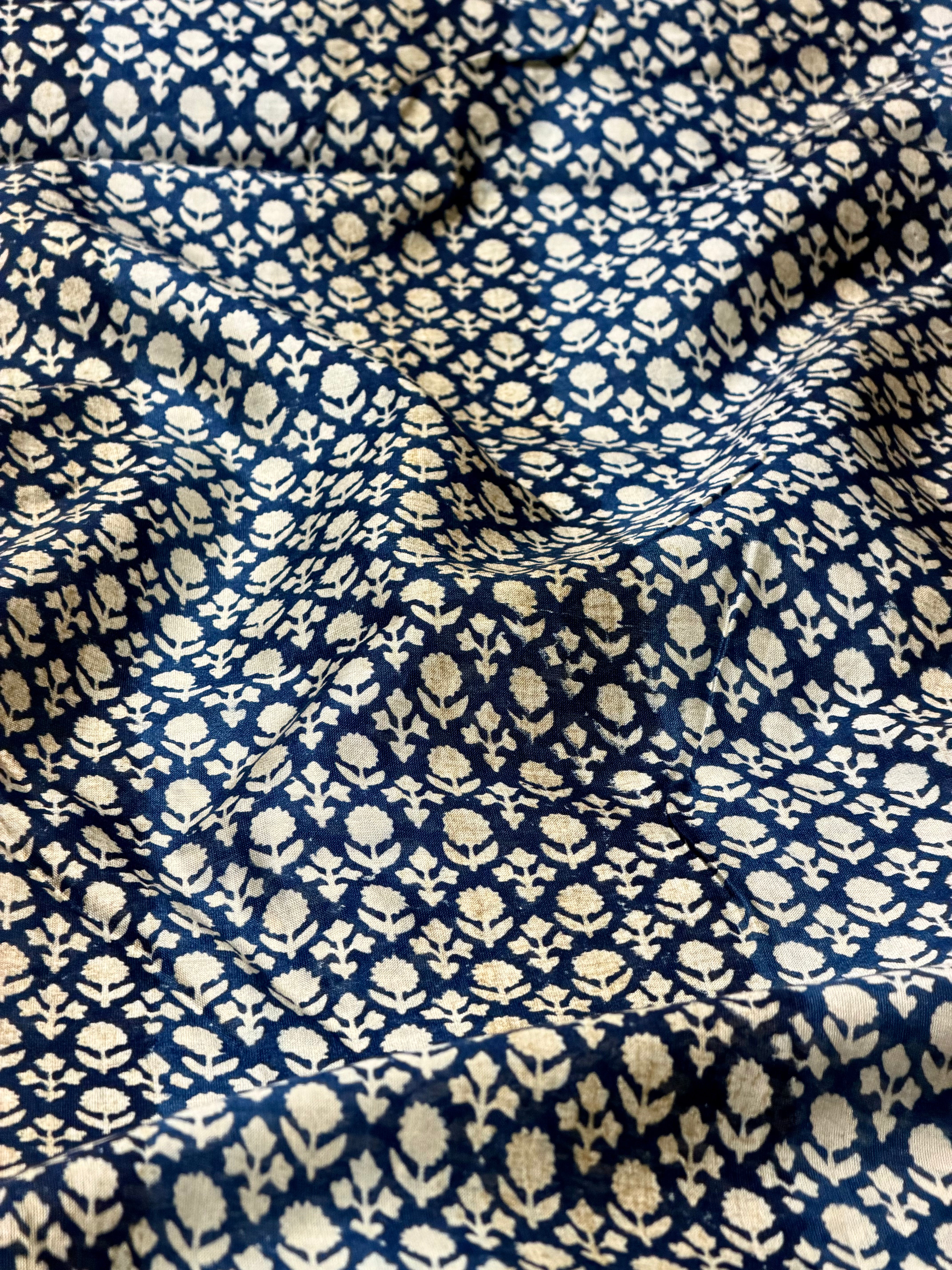 Indigo Chanderi Silk Fabric With Block Printing