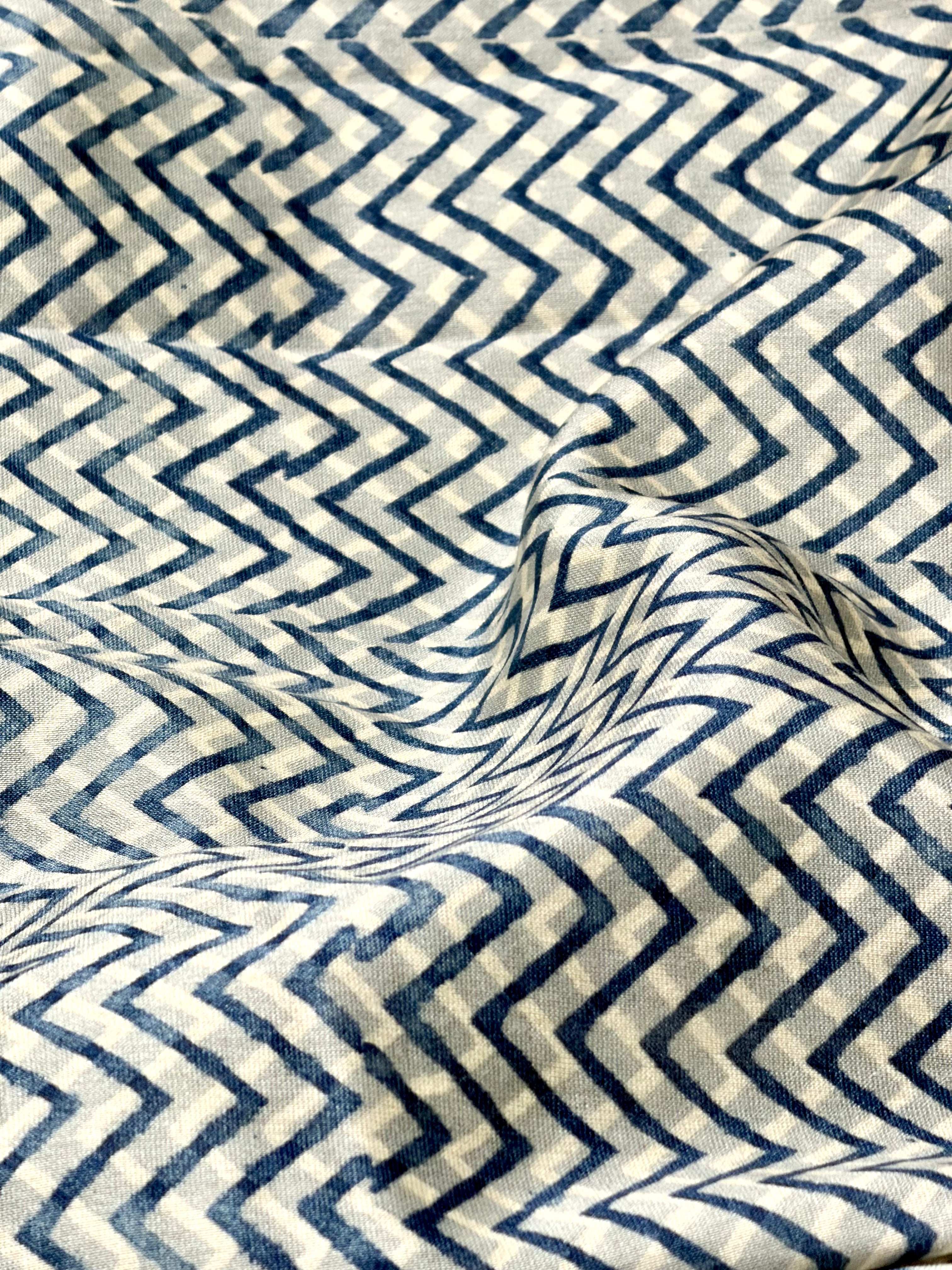 Indigo Chanderi Silk Fabric With Zigzag Pattern