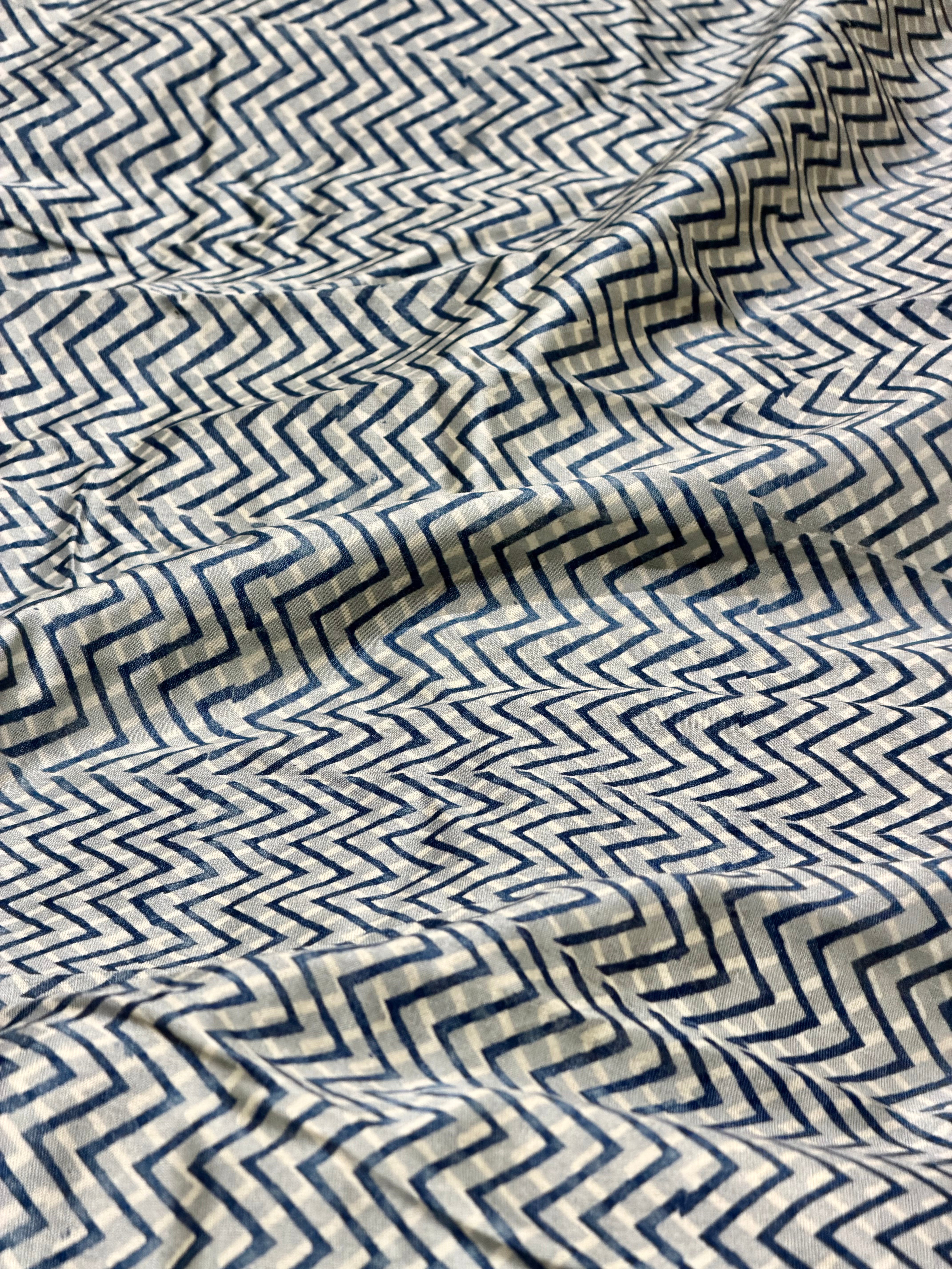 Indigo Chanderi Silk Fabric With Zigzag Pattern