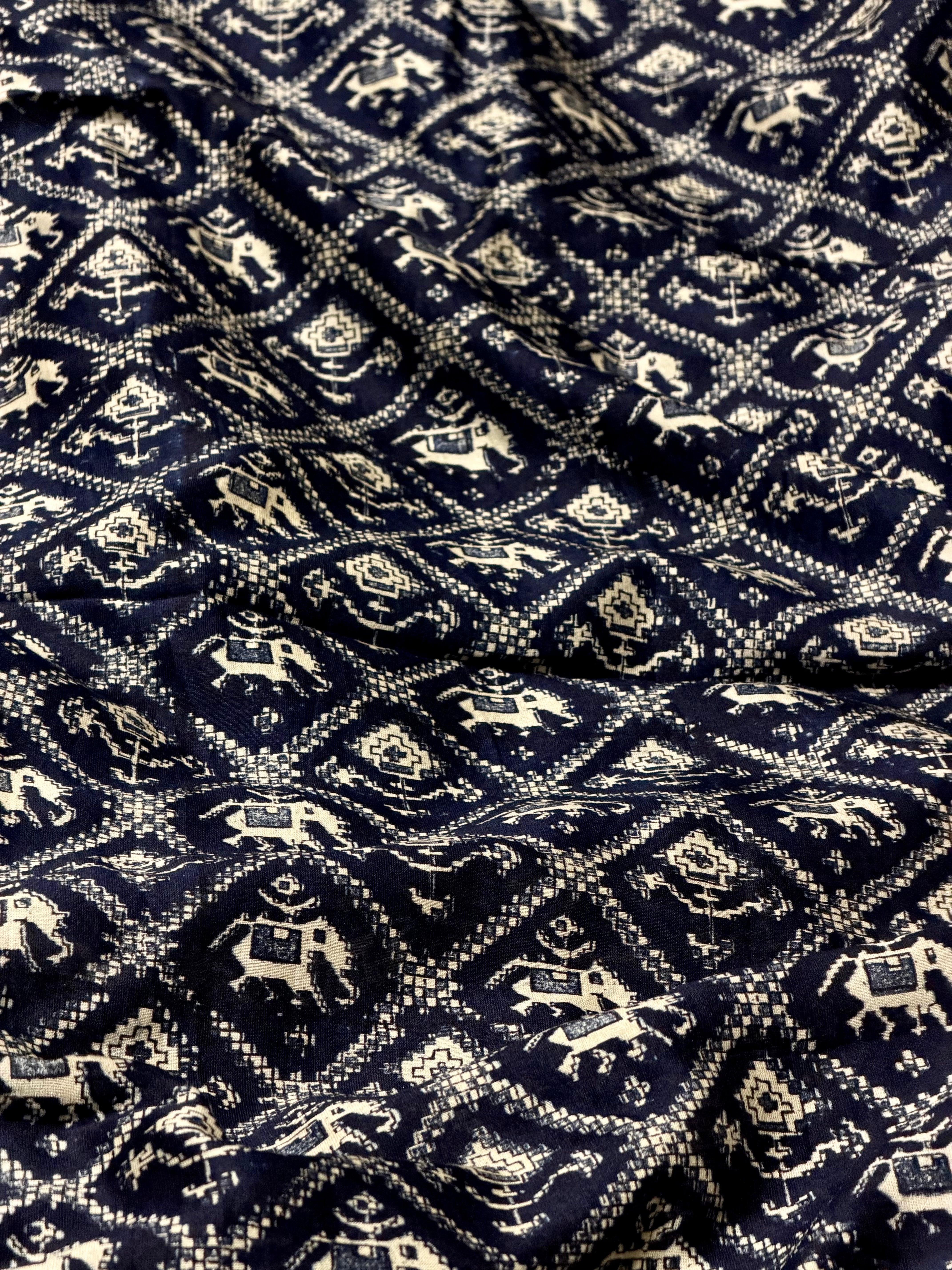 Indigo Chanderi Silk Fabric With Diamond Pattern