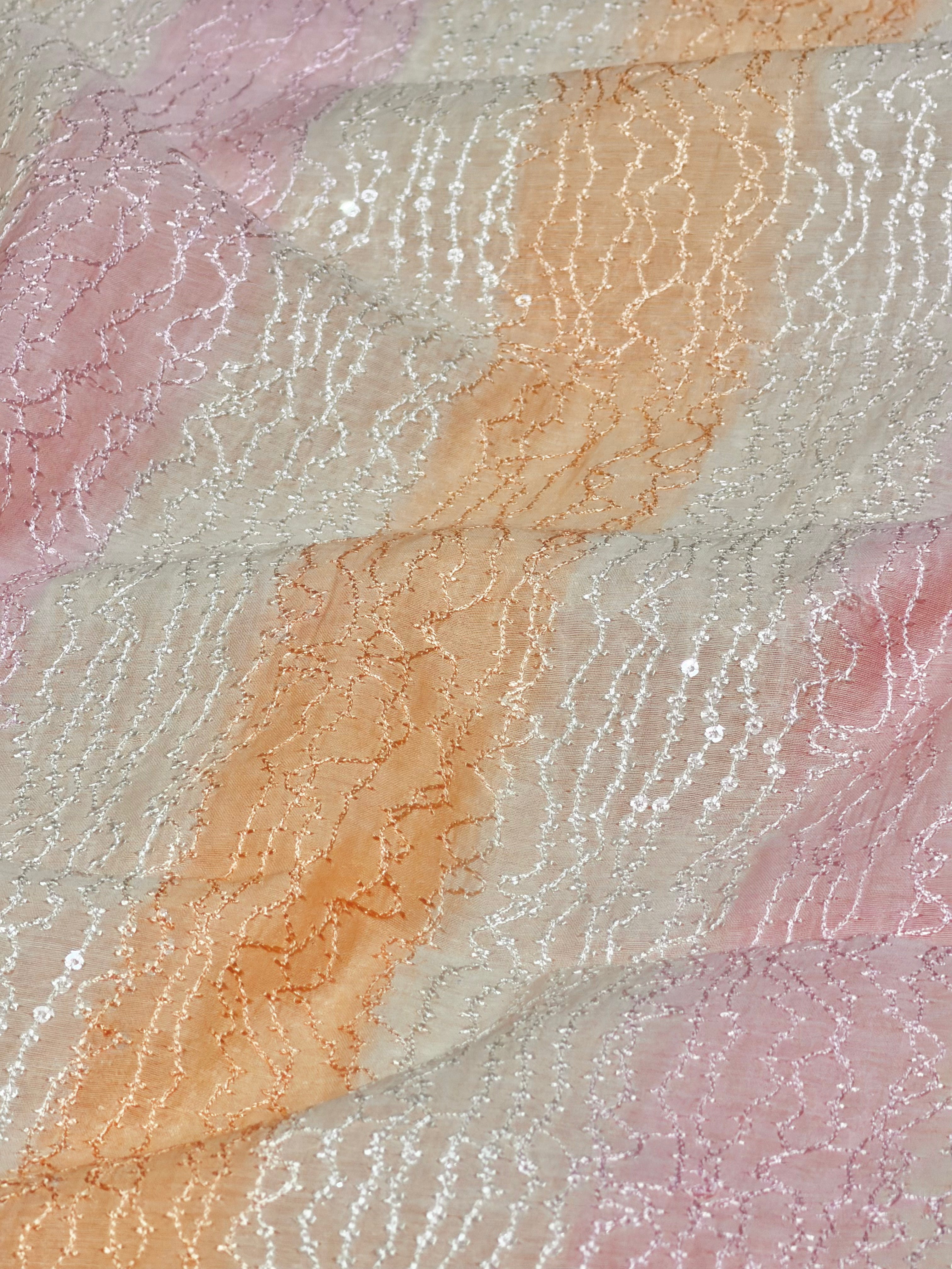 Peach Pink Rangkaat Dye Pure Mul Cotton Fabric With Sequin Embroidery