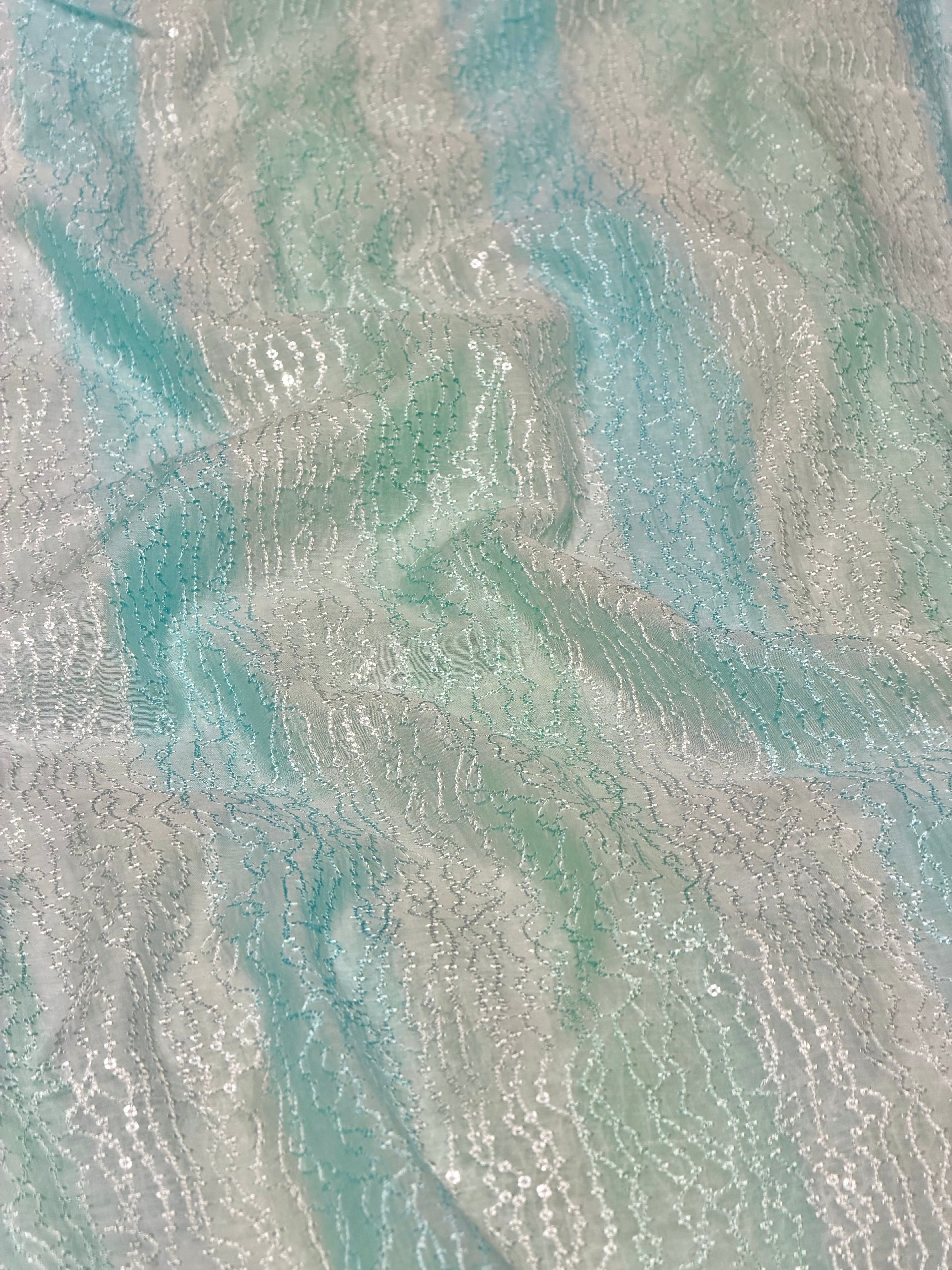 Pastel Blue Rangkaat Dye Pure Mul Cotton Fabric With Sequin Embroidery