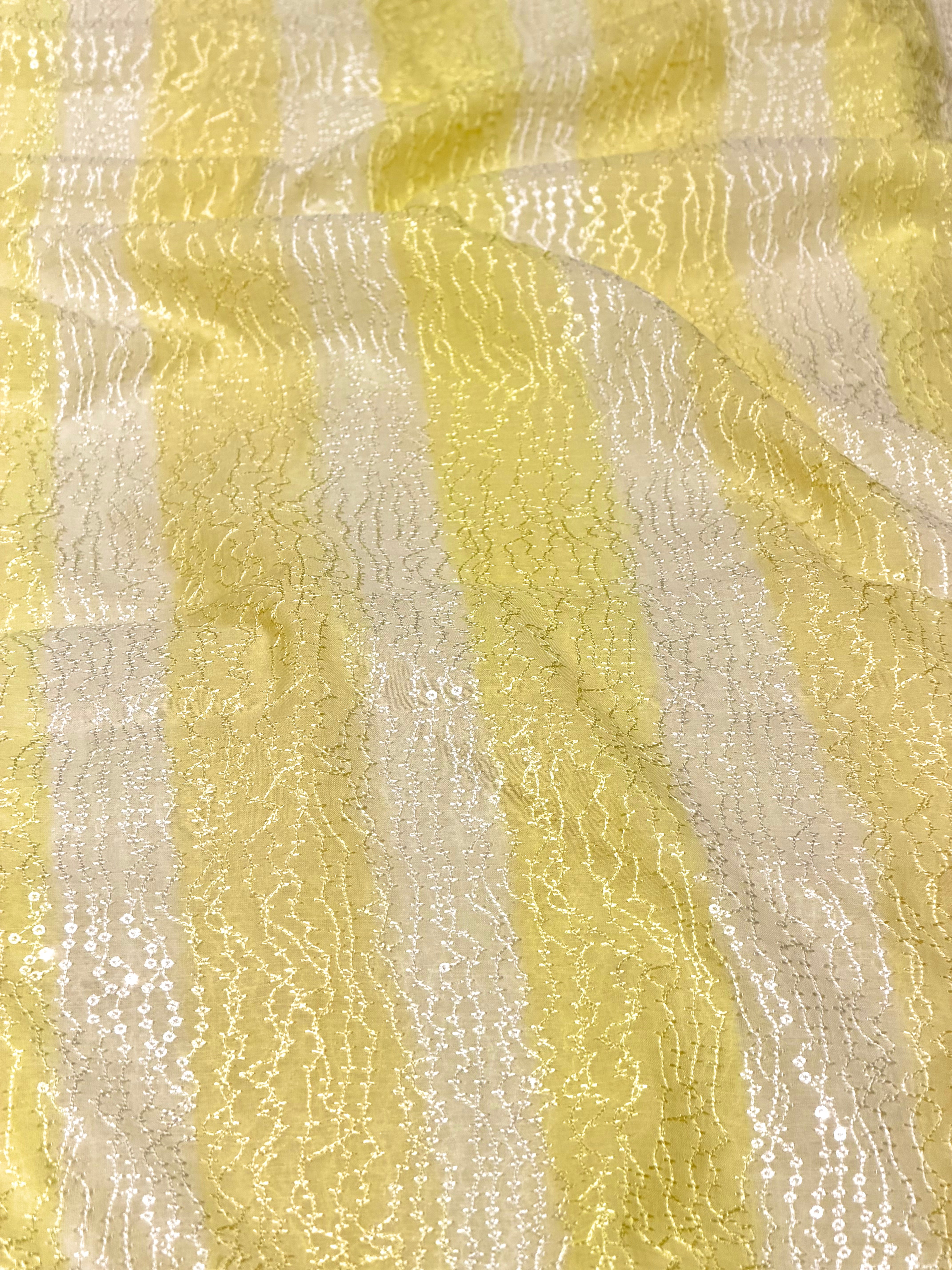 Yellow Rangkaat Dye Pure Mul Cotton Fabric With Sequin Embroidery