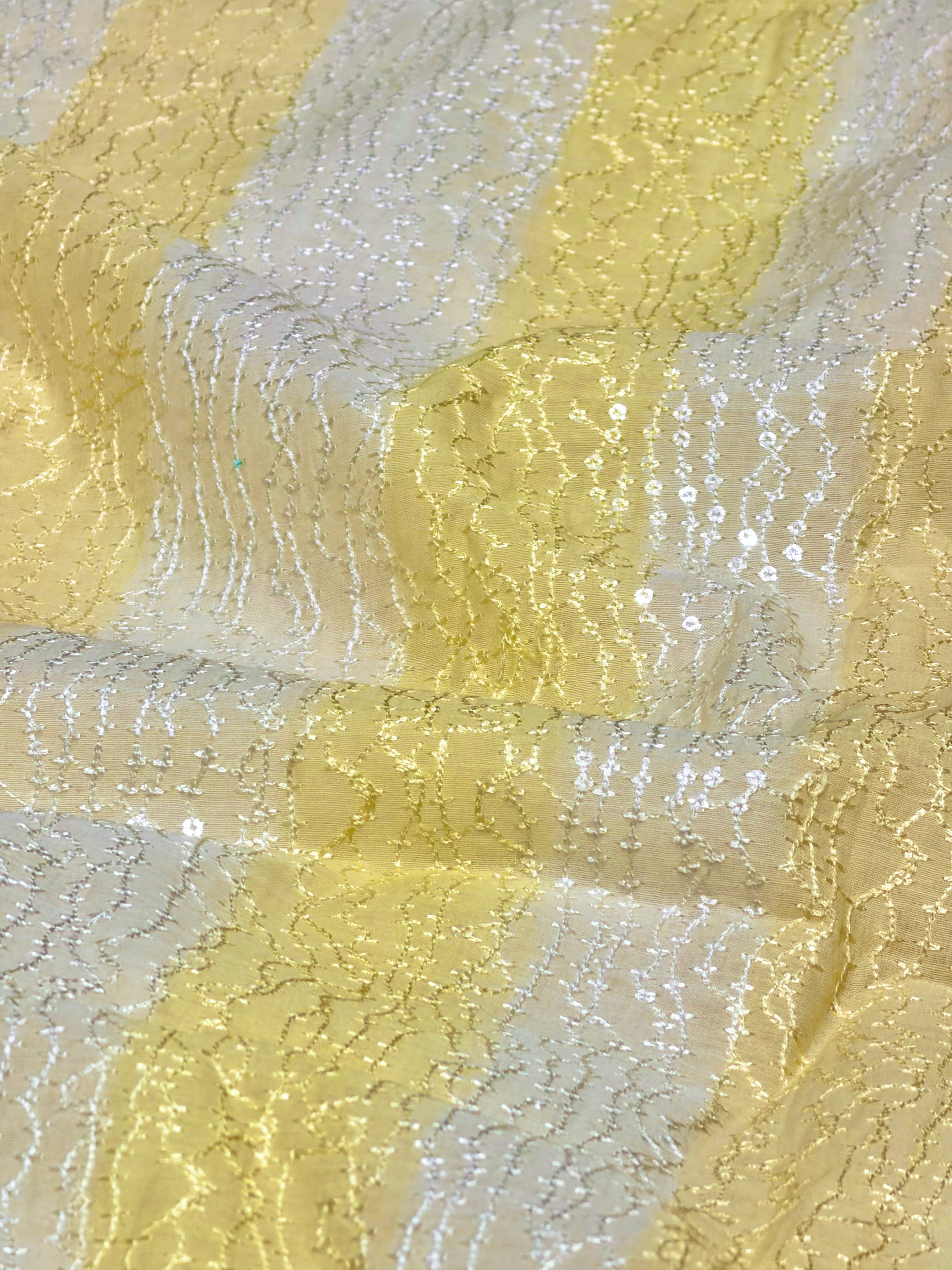 Yellow Rangkaat Dye Pure Mul Cotton Fabric With Sequin Embroidery