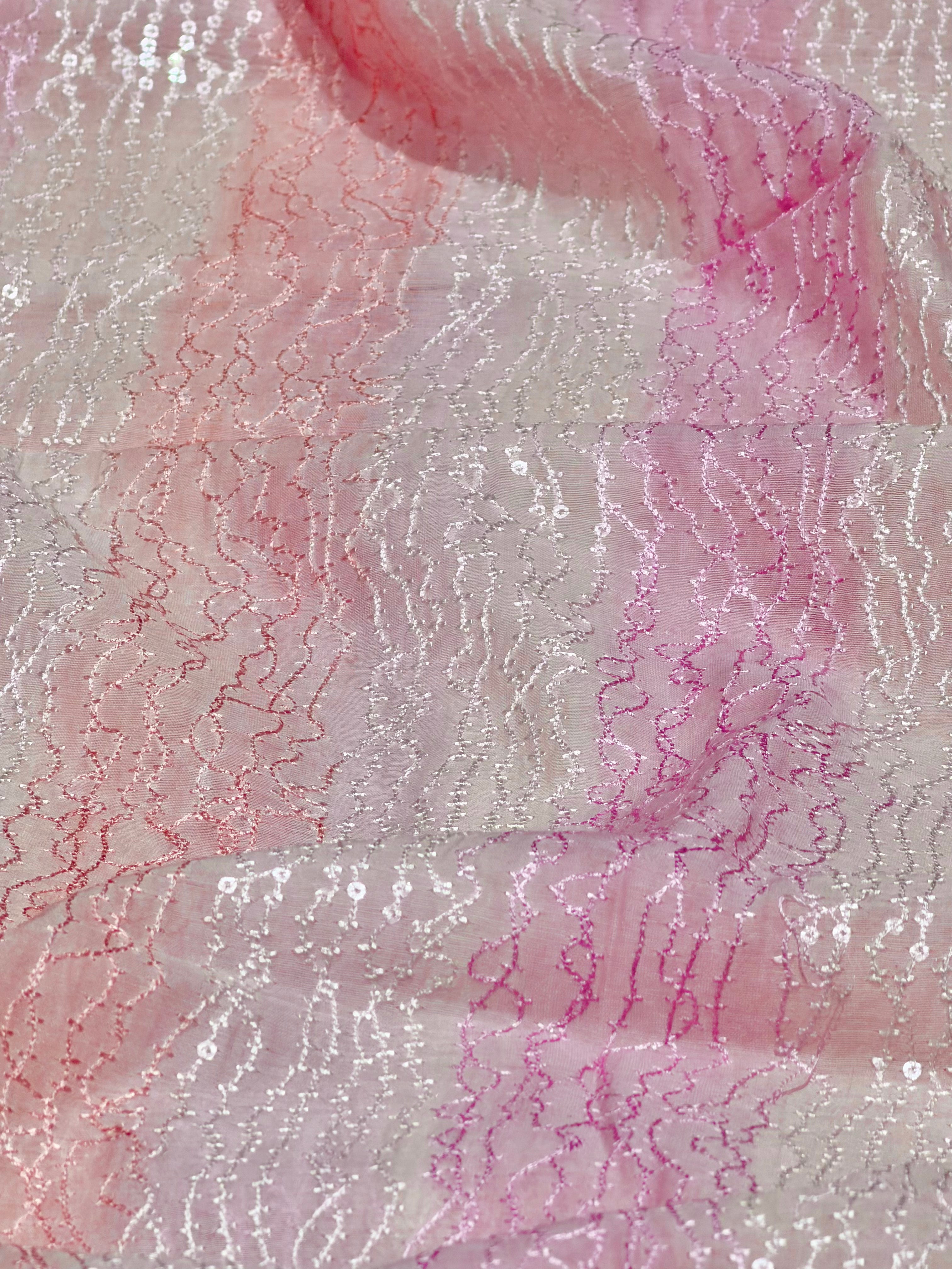 Pink Rangkaat Dye Pure Mul Cotton Fabric With Sequin Embroidery