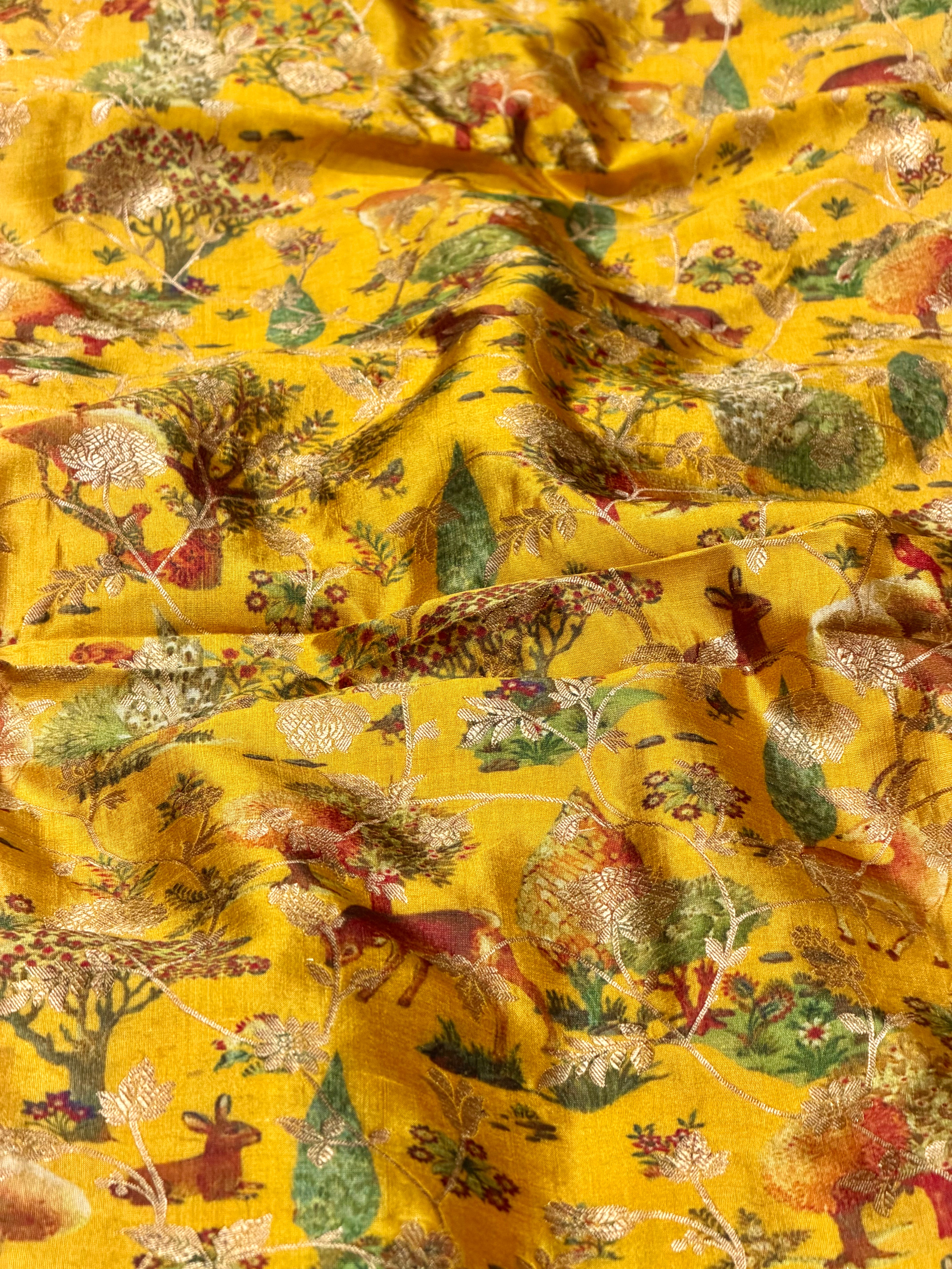 Yellow oft Silk Fabric With Pichhwai Jangle Pattern
