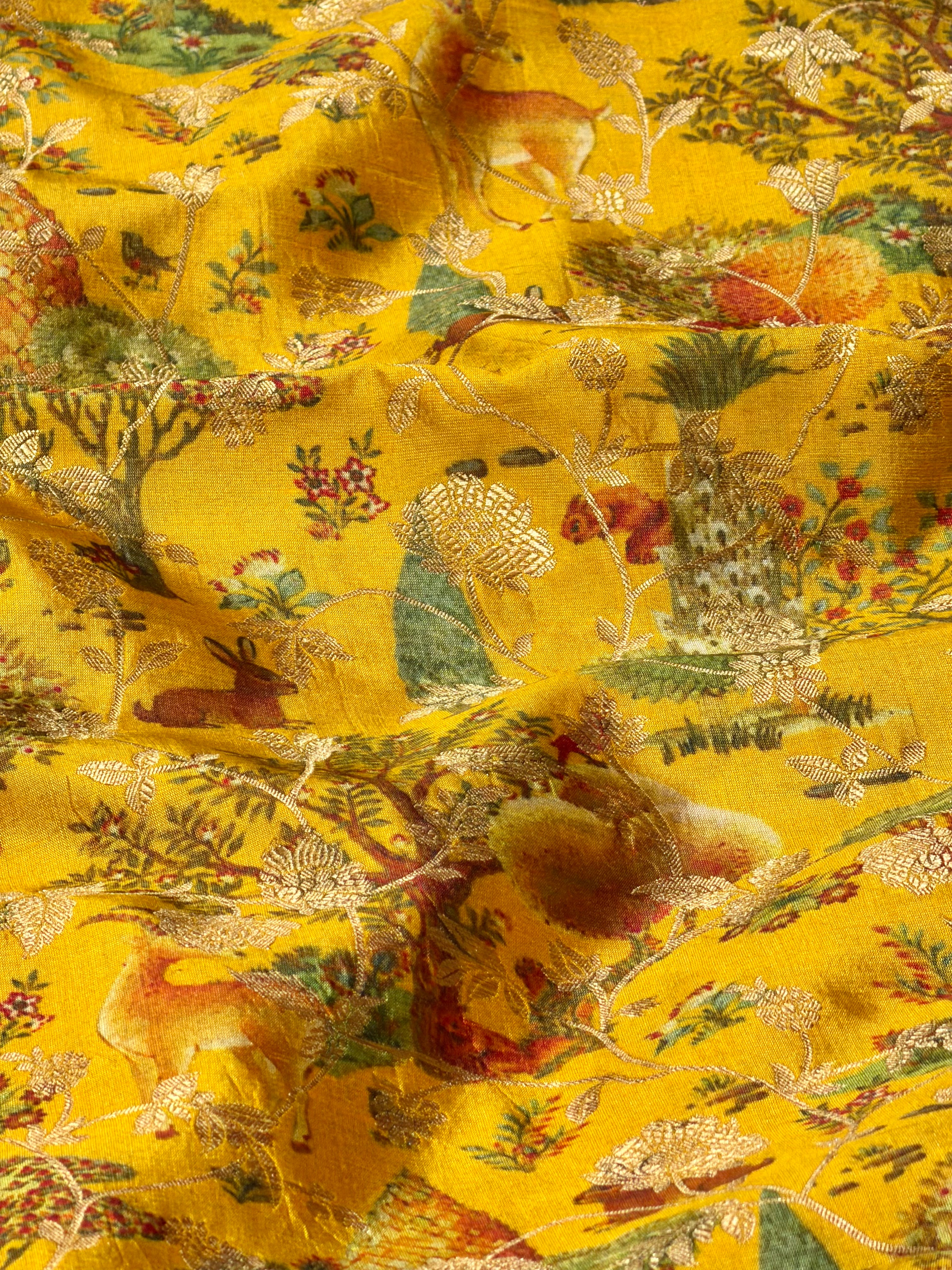 Yellow oft Silk Fabric With Pichhwai Jangle Pattern