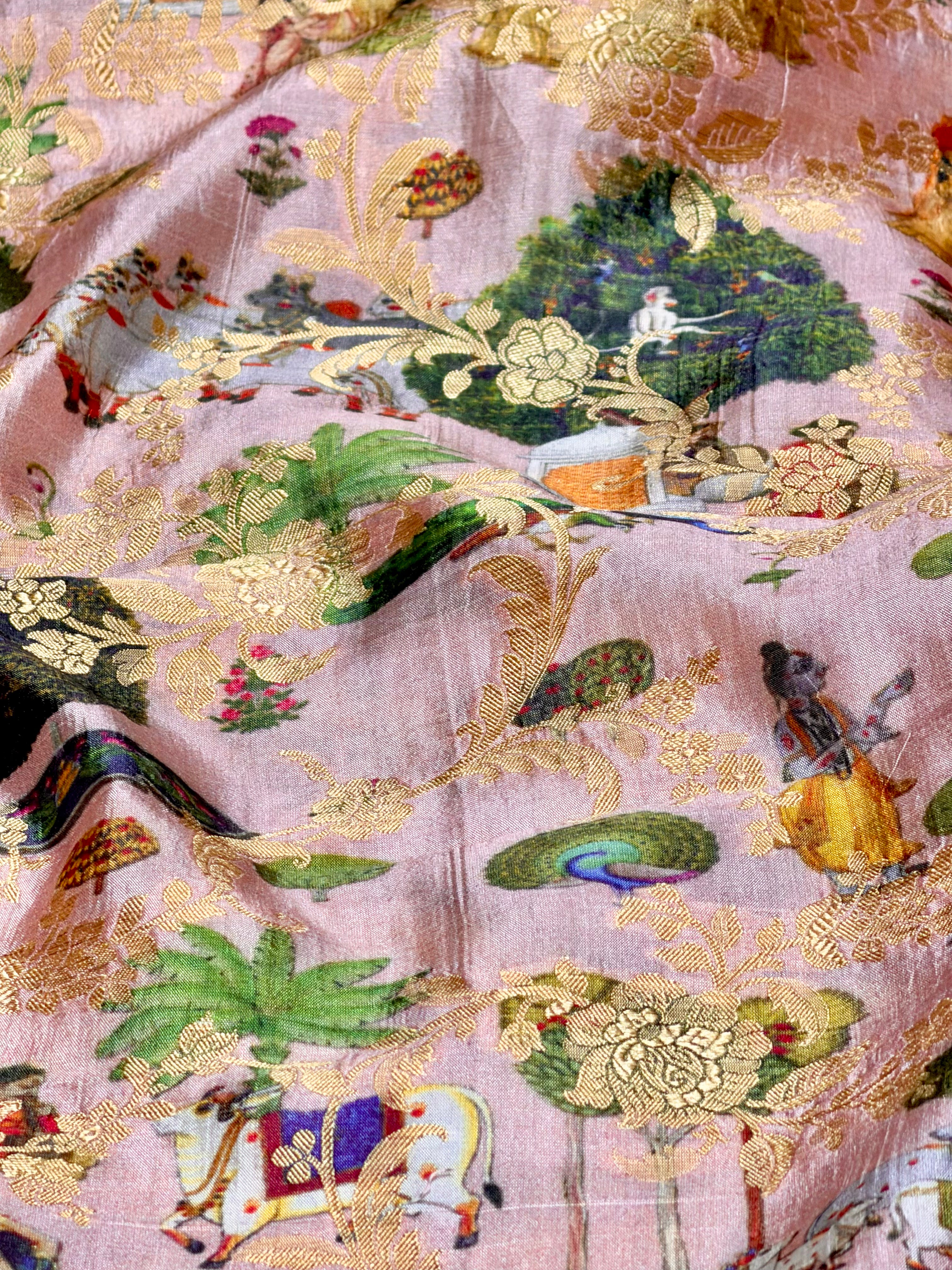 Dusty Pink Soft Silk Fabric With Pichhwai Pattern