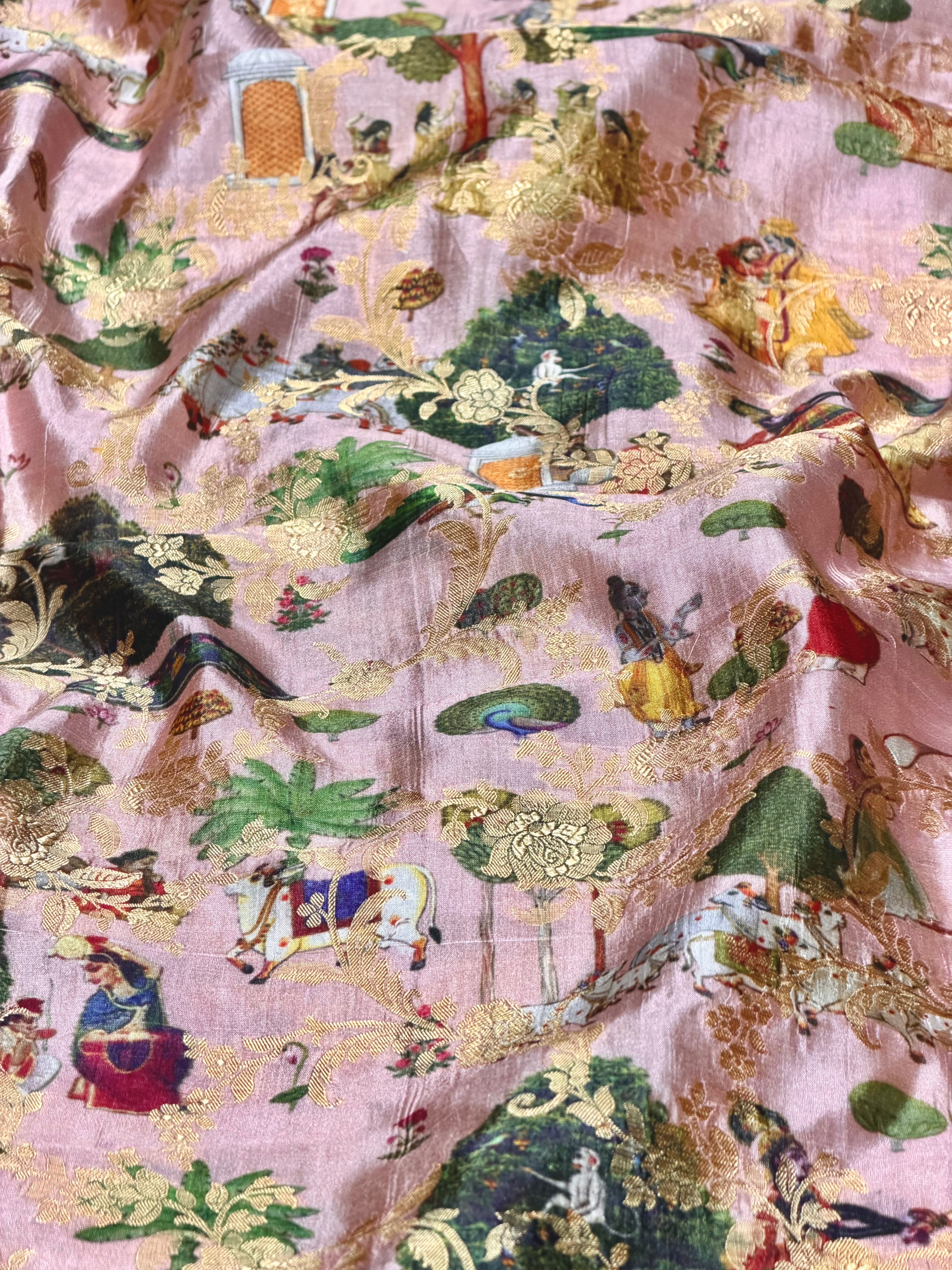 Dusty Pink Soft Silk Fabric With Pichhwai Pattern