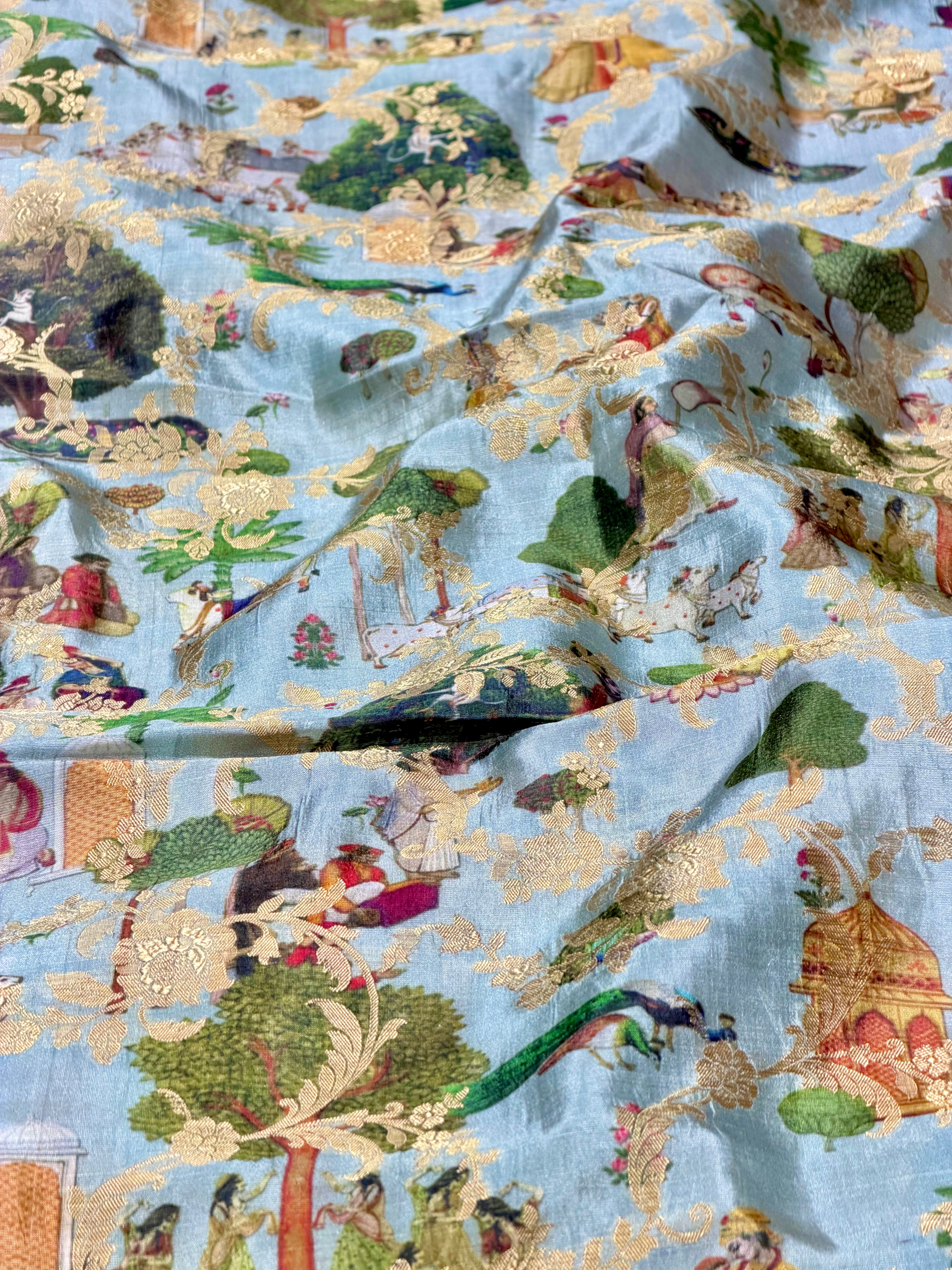 Powder Blue Soft Silk Fabric With Pichhwai Pattern