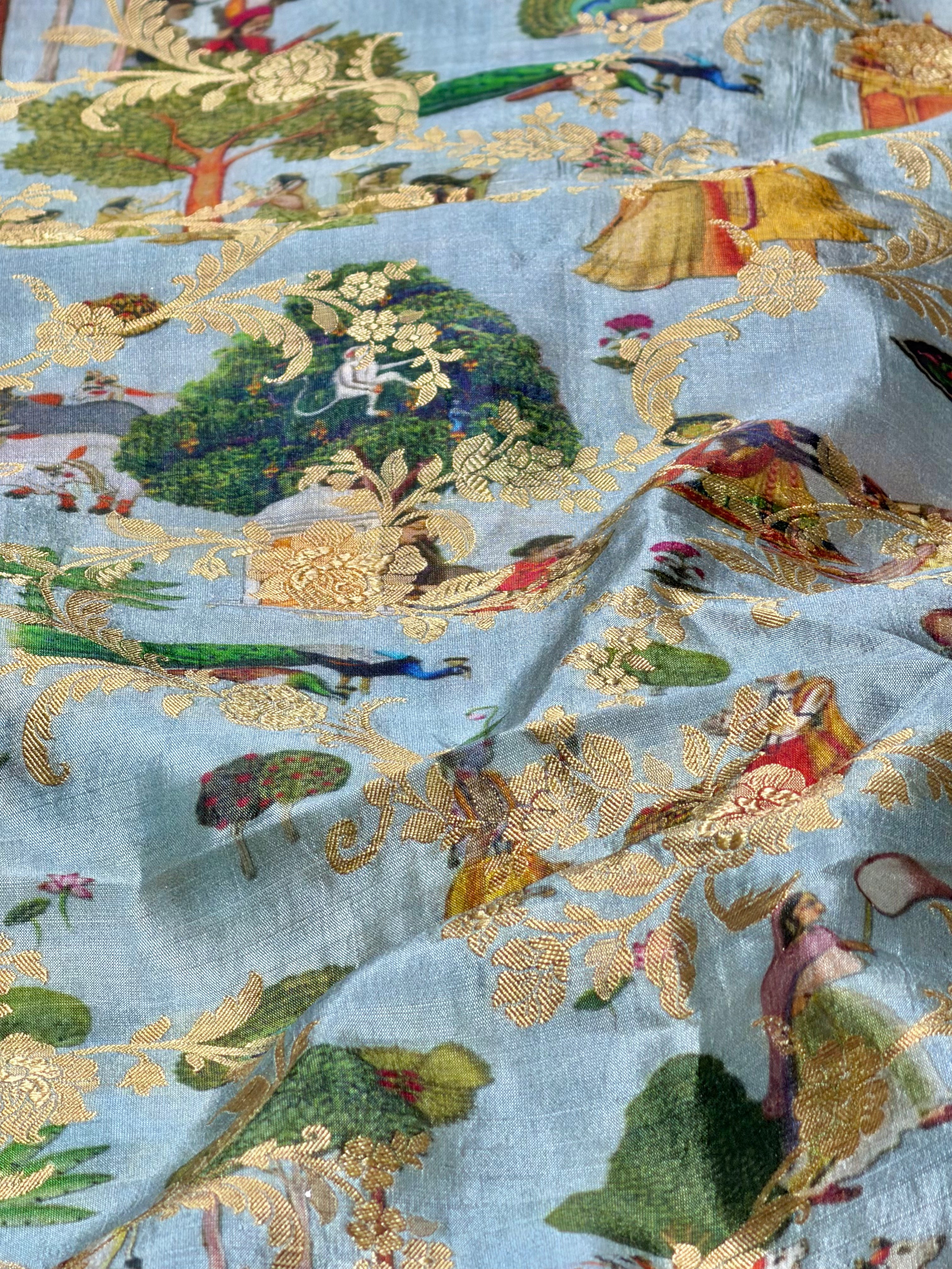Powder Blue Soft Silk Fabric With Pichhwai Pattern