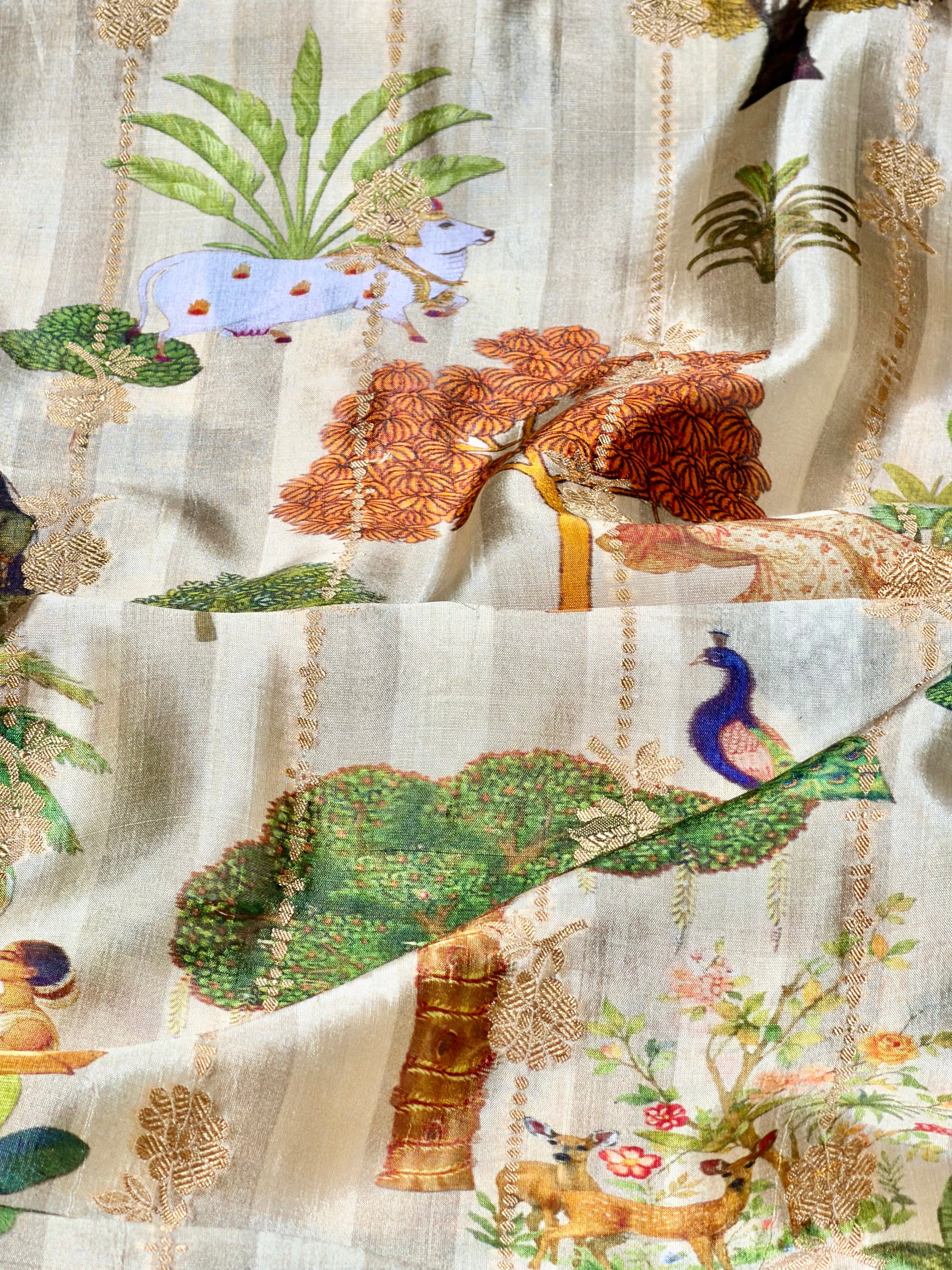Beige Soft Silk Fabric With Pichhwai Pattern