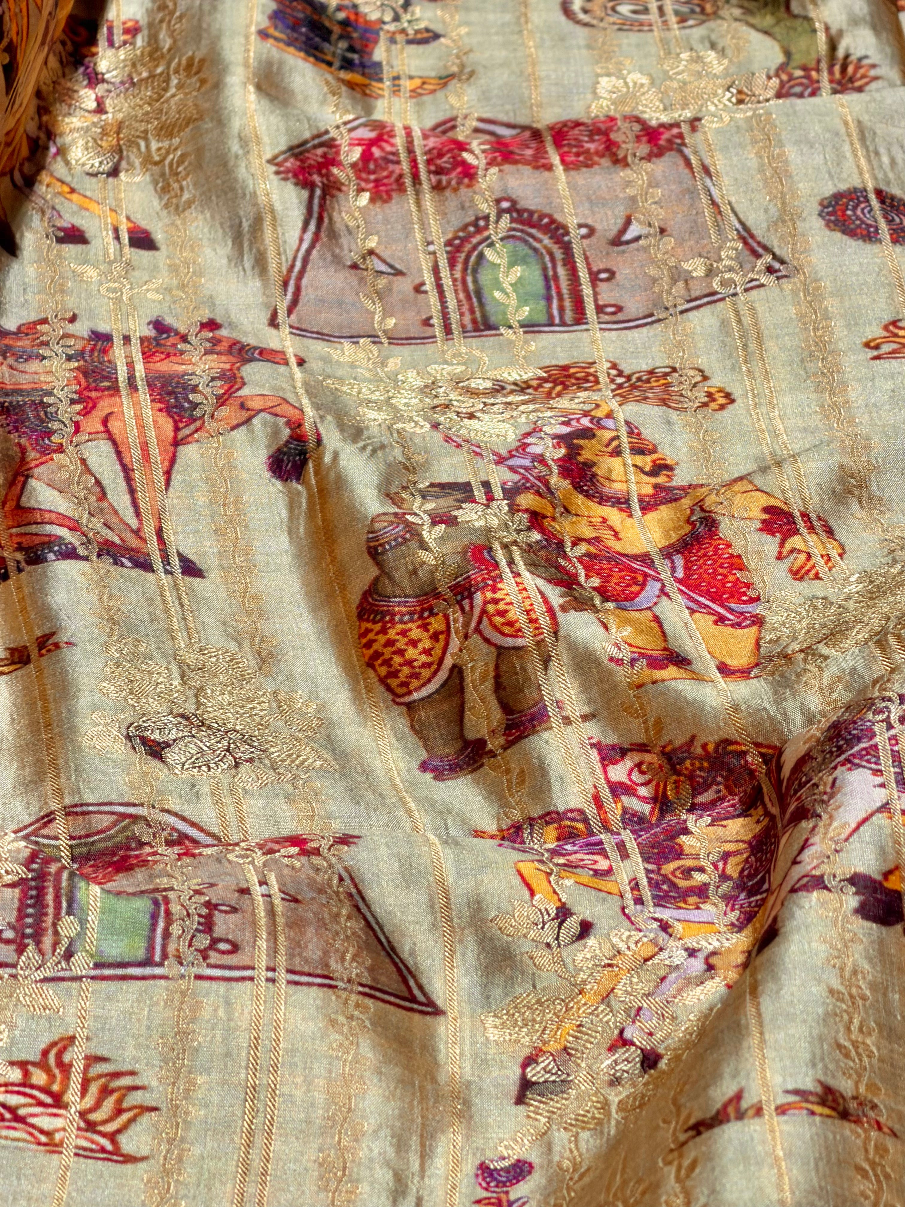 Golden Beige Pure Soft Silk Fabric With Pichhwai Traditional Pattern