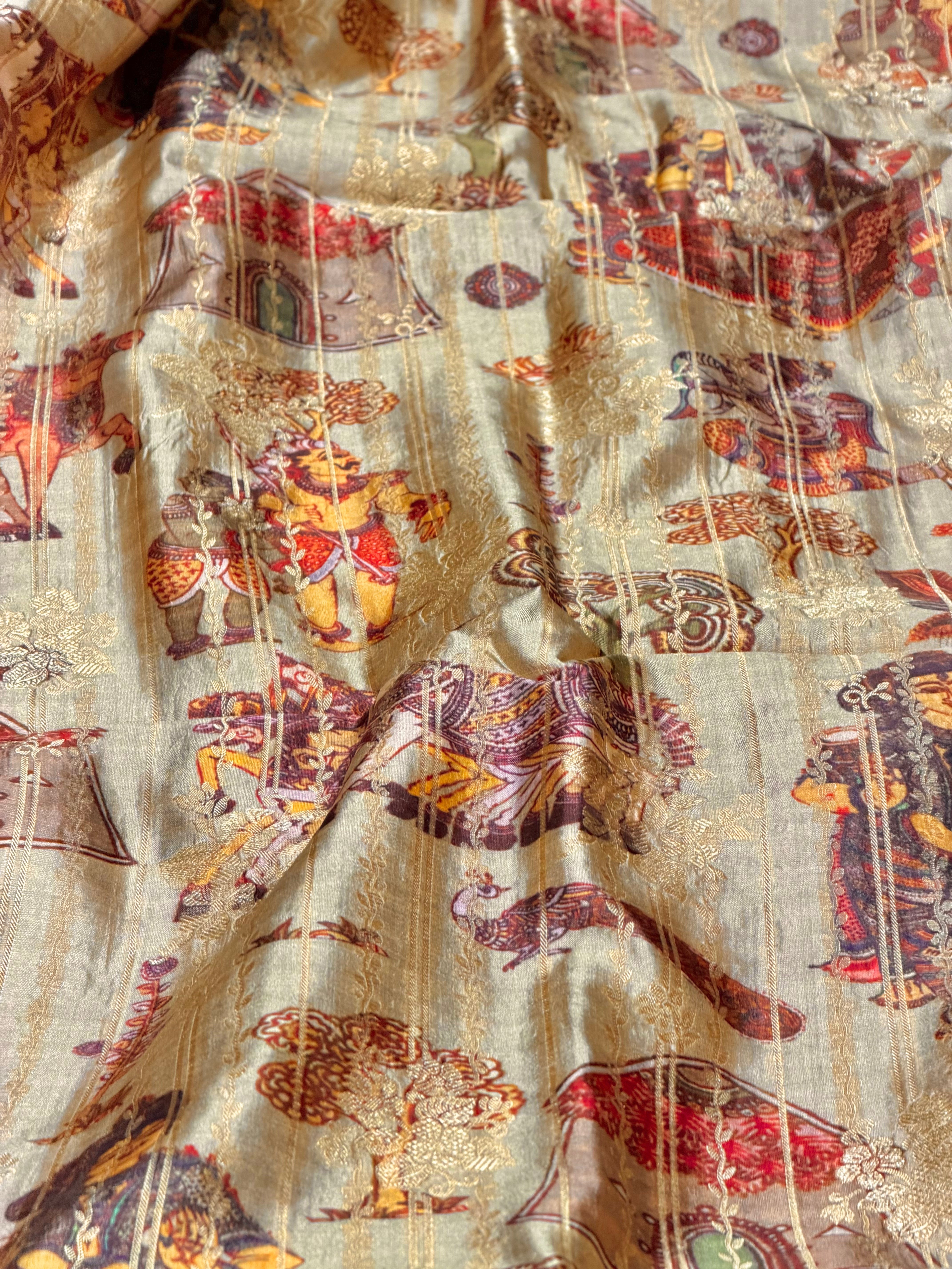 Golden Beige Pure Soft Silk Fabric With Pichhwai Traditional Pattern