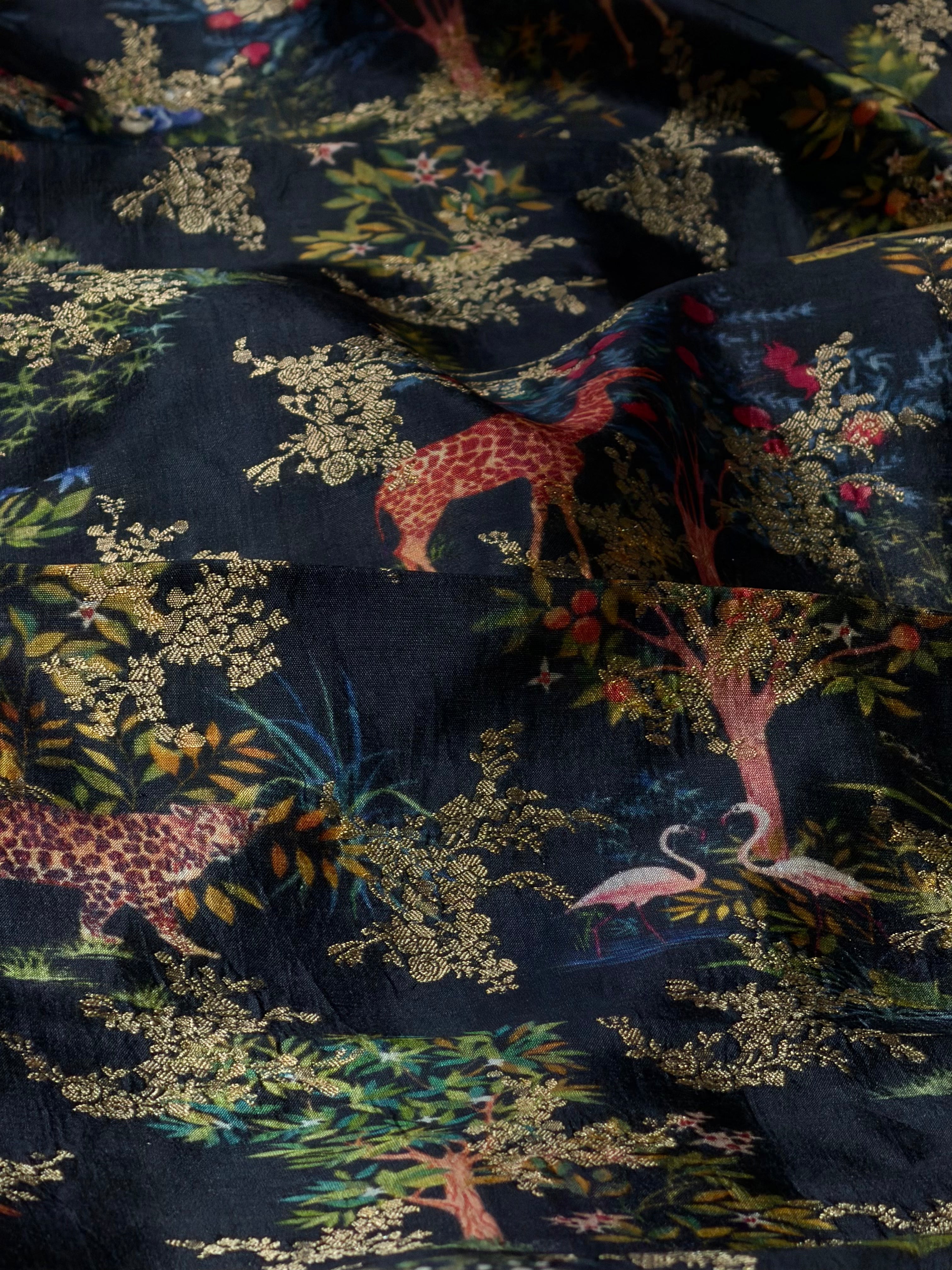 Black Pure Soft Silk Fabric With Pichhwai Jungle Pattern