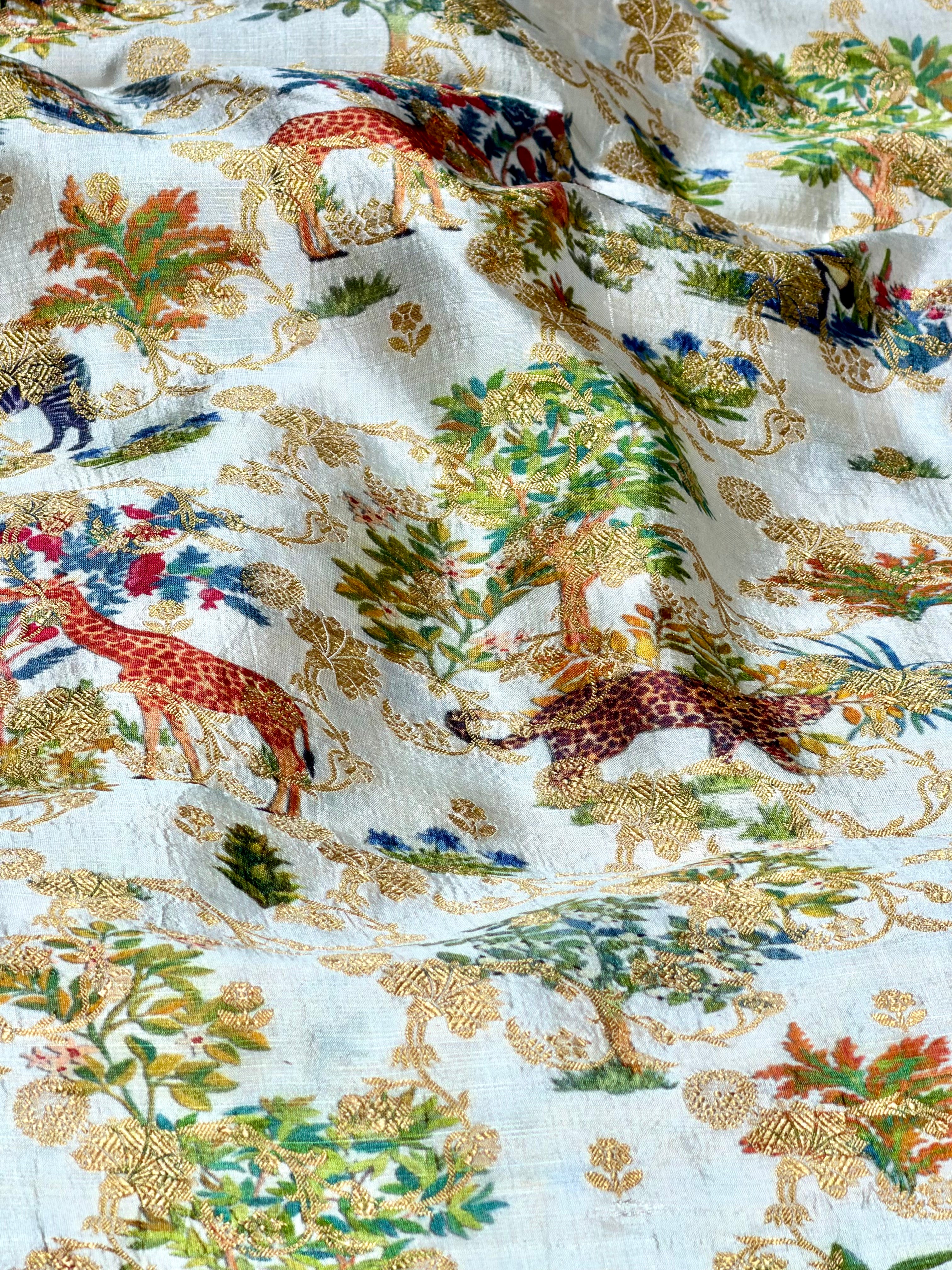 White Pure Soft Silk Fabric With Pichhwai Jungle Pattern