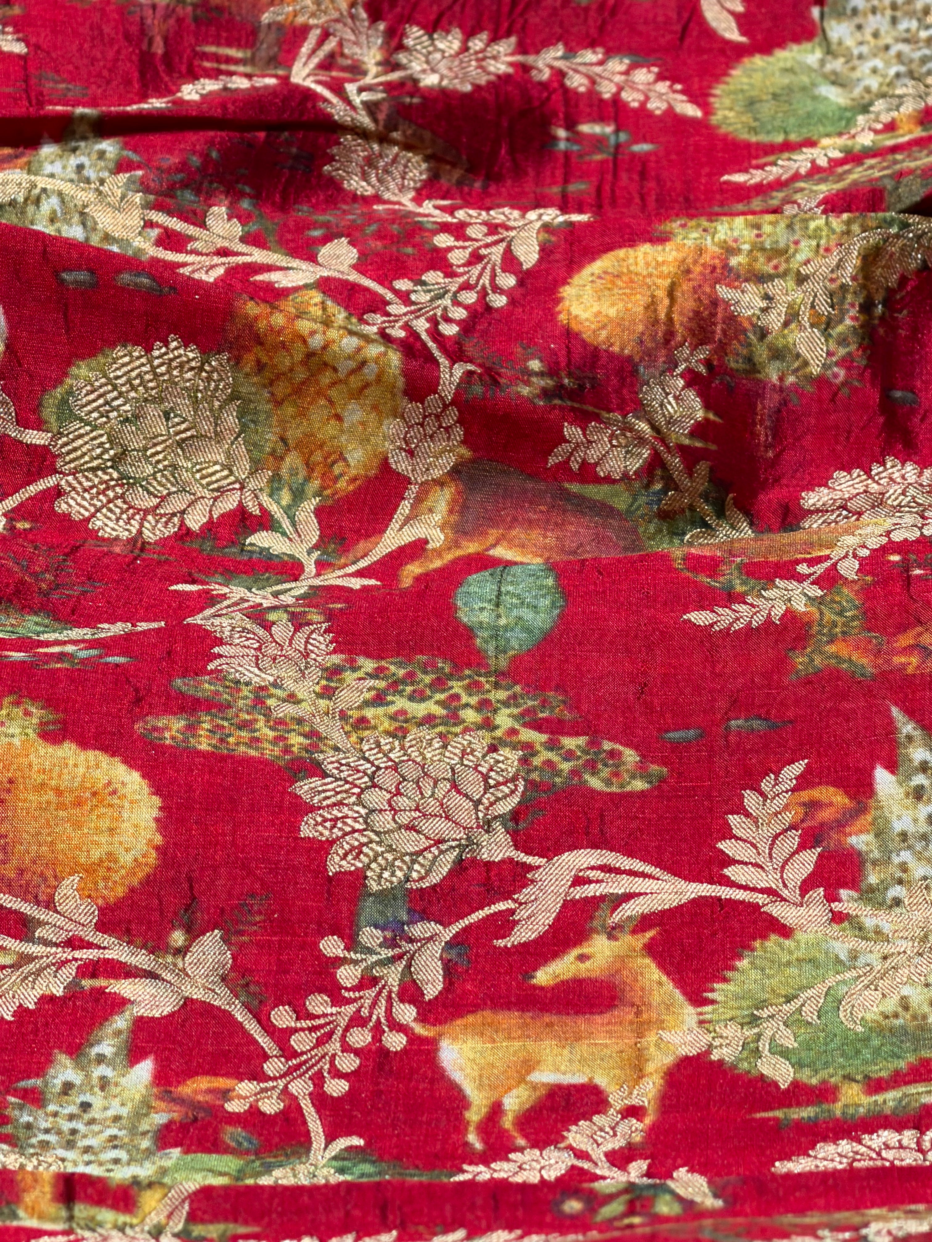 Red Pure Soft Silk Fabric With Pichhwai Jungle Pattern