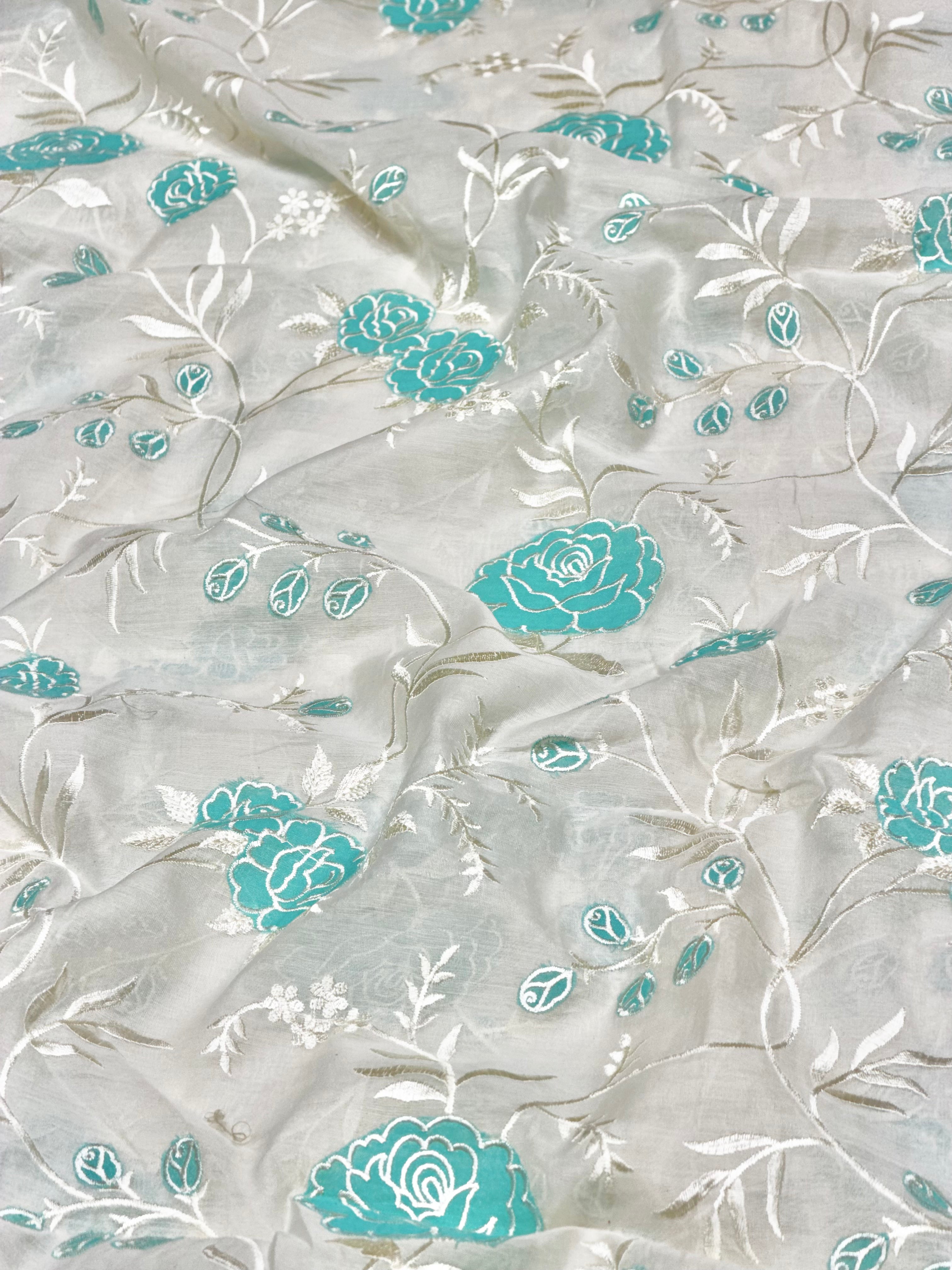 Mul Fabric With Turquoise Blue Appliqué Work
