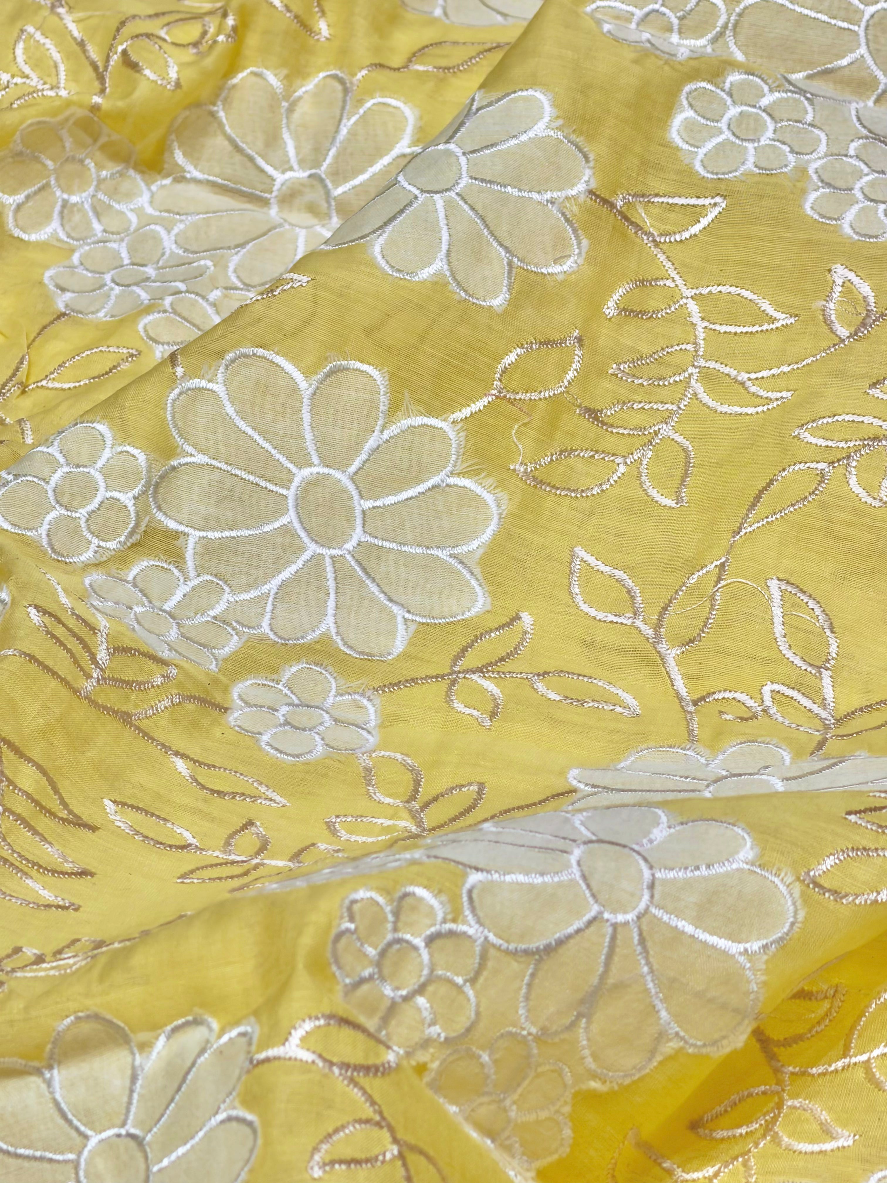 Yellow Mul Fabric With Appliqué Work