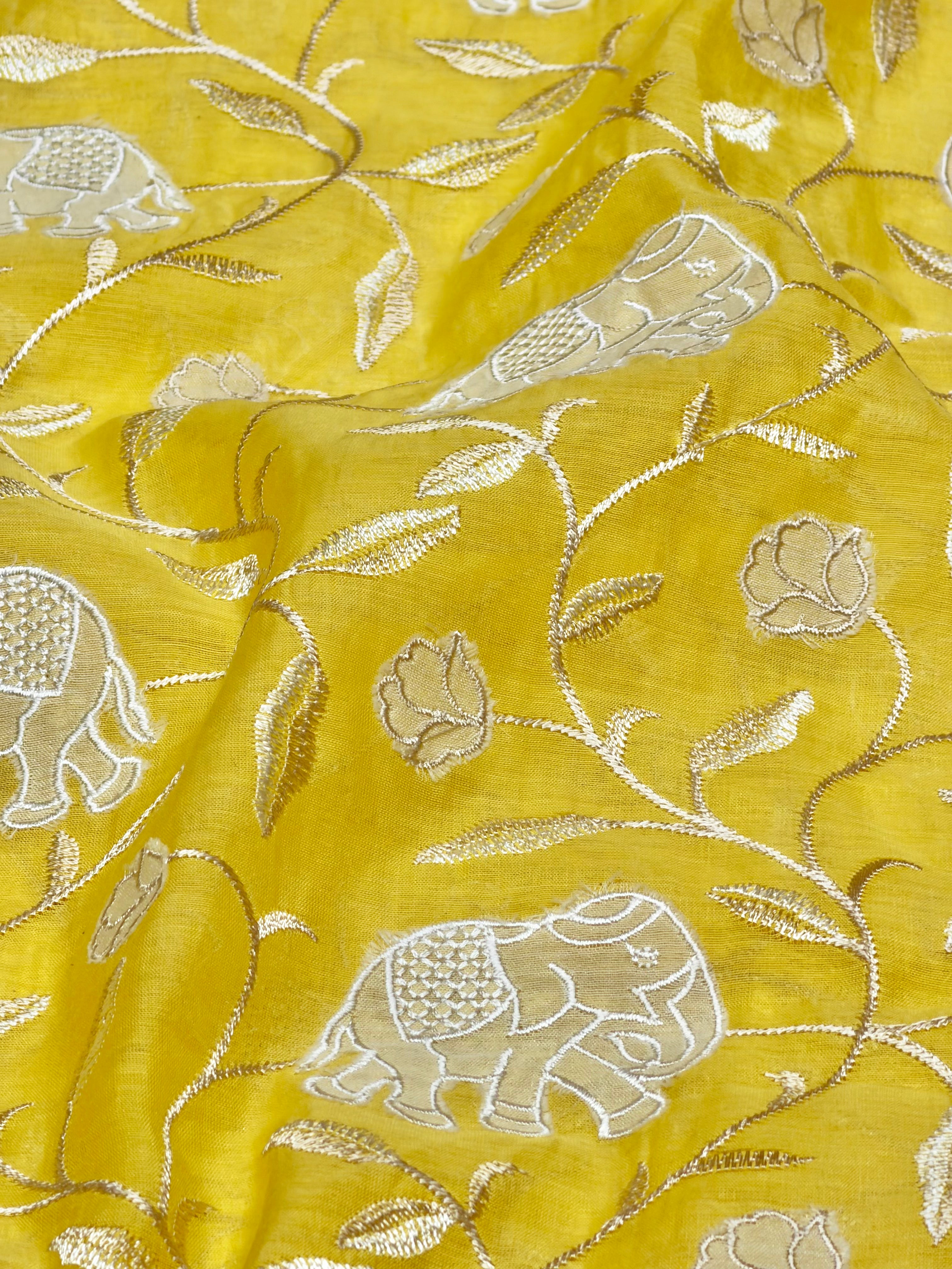 Bright Yellow Mul Fabric With Appliqué Work