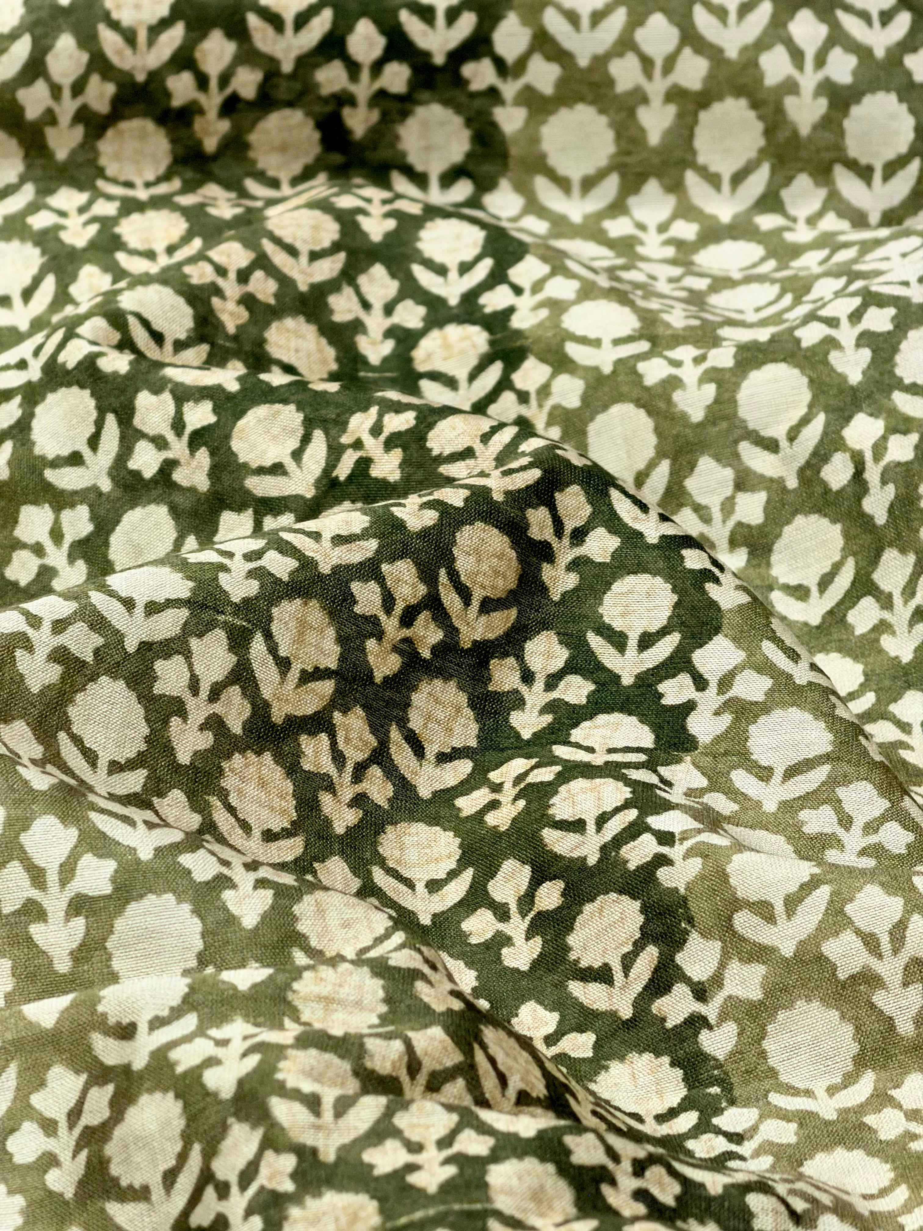 Green Chanderi Silk Fabric With Block Printing