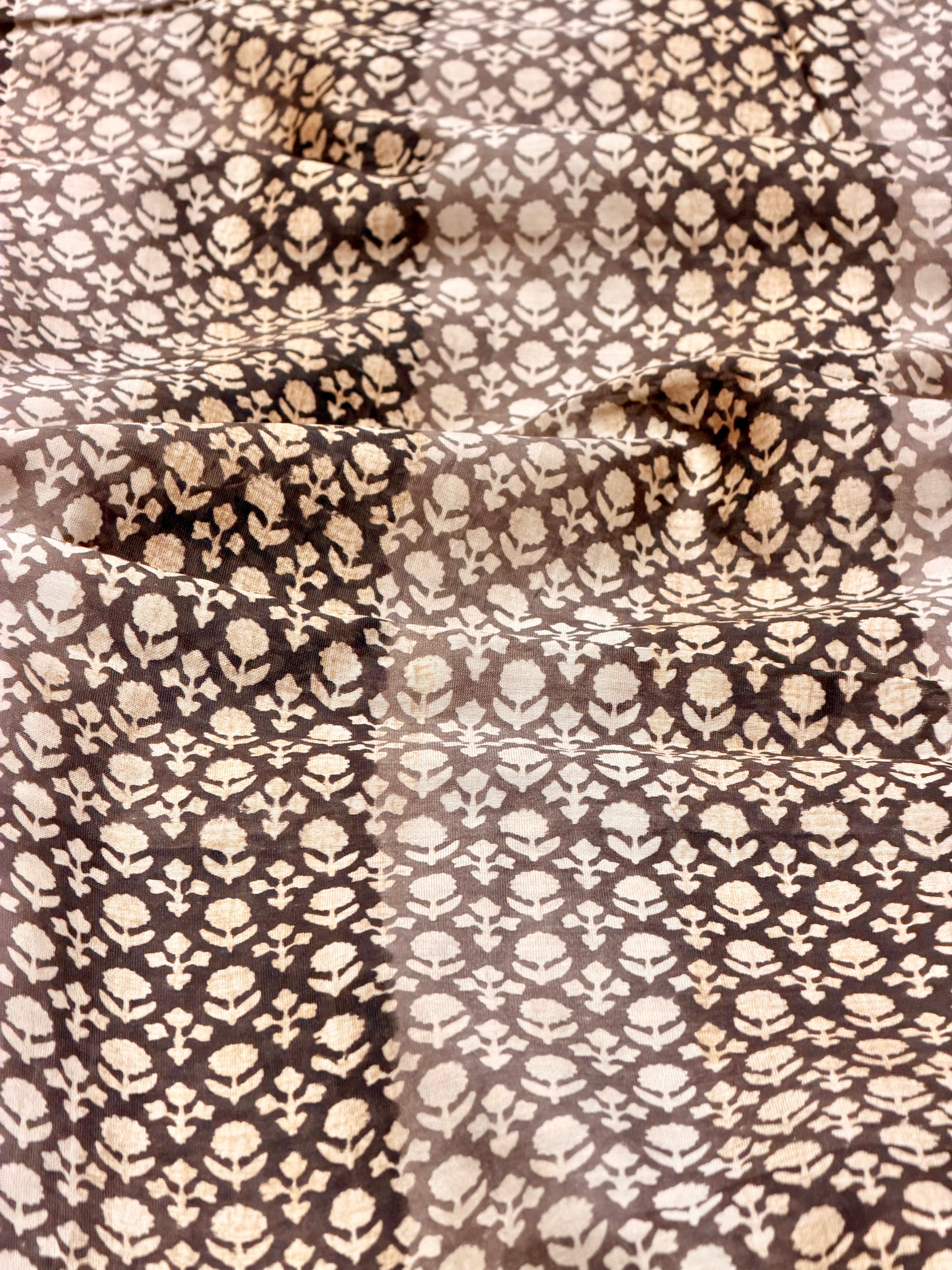 Brown Chanderi Silk Fabric With Block Printing