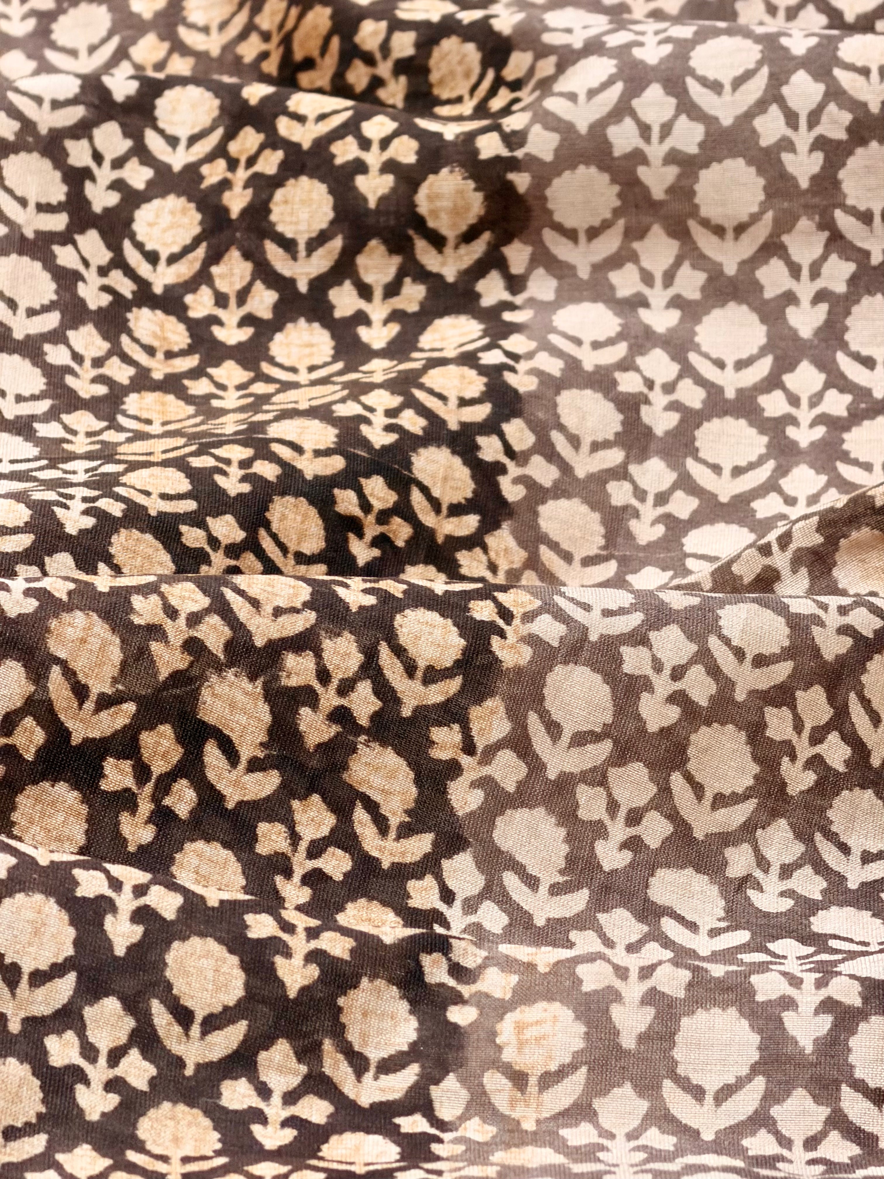 Brown Chanderi Silk Fabric With Block Printing