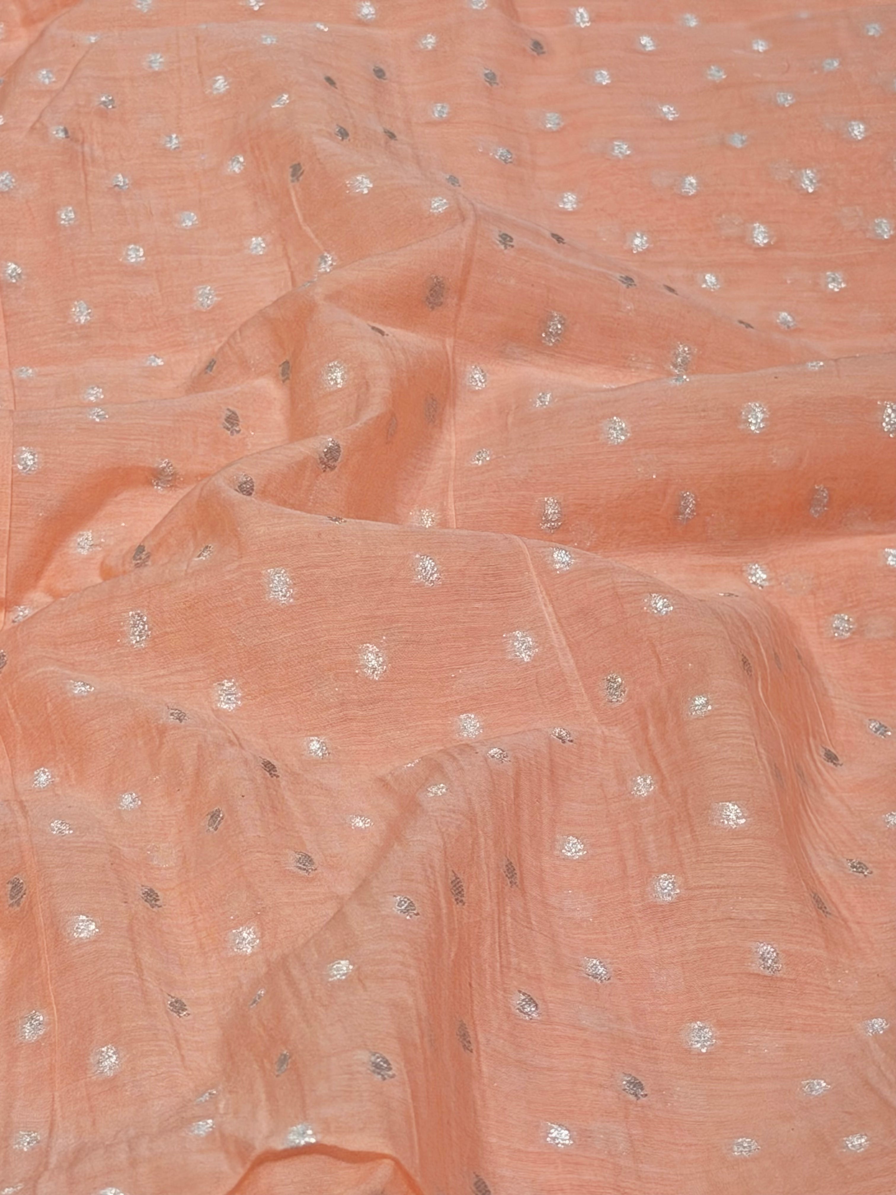 Peach Pink Pure Mul Fabric With Silver Zari
