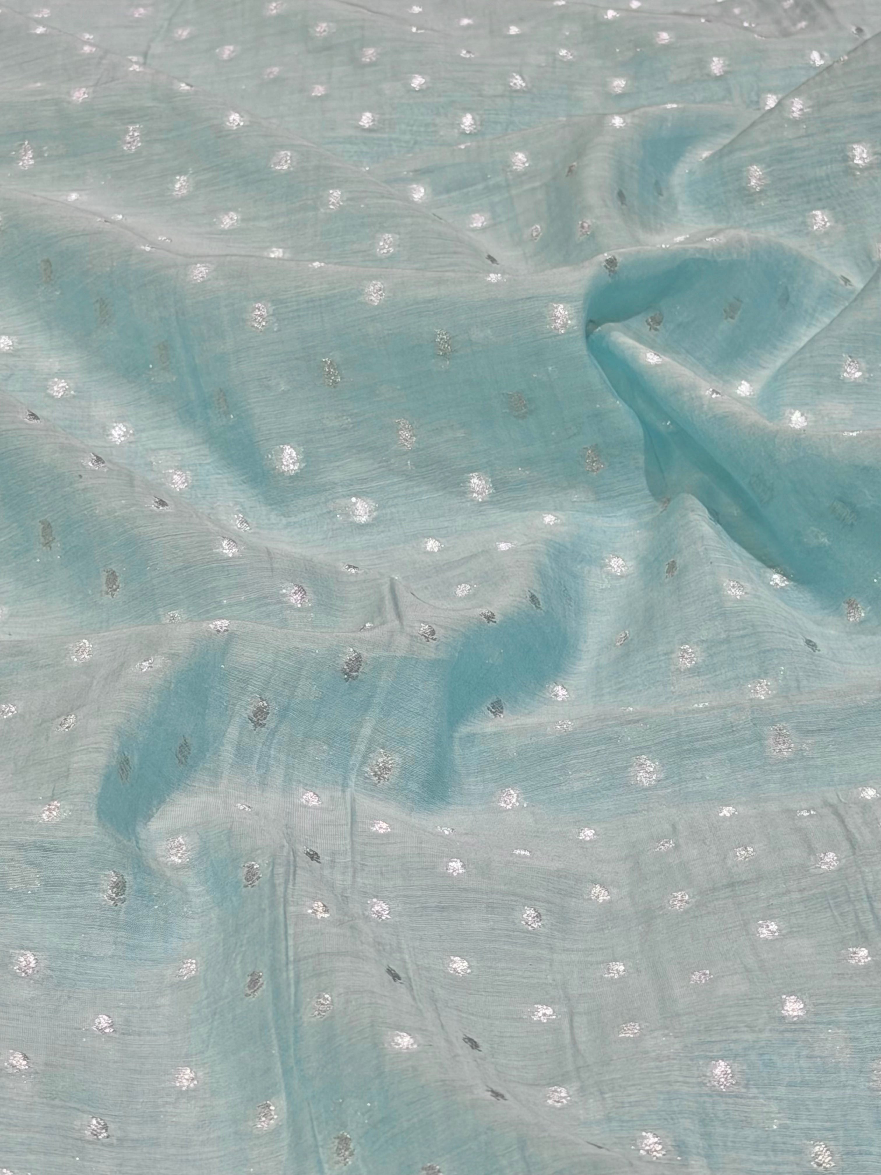 Powder Blue Pure Mul Fabric With Silver Zari