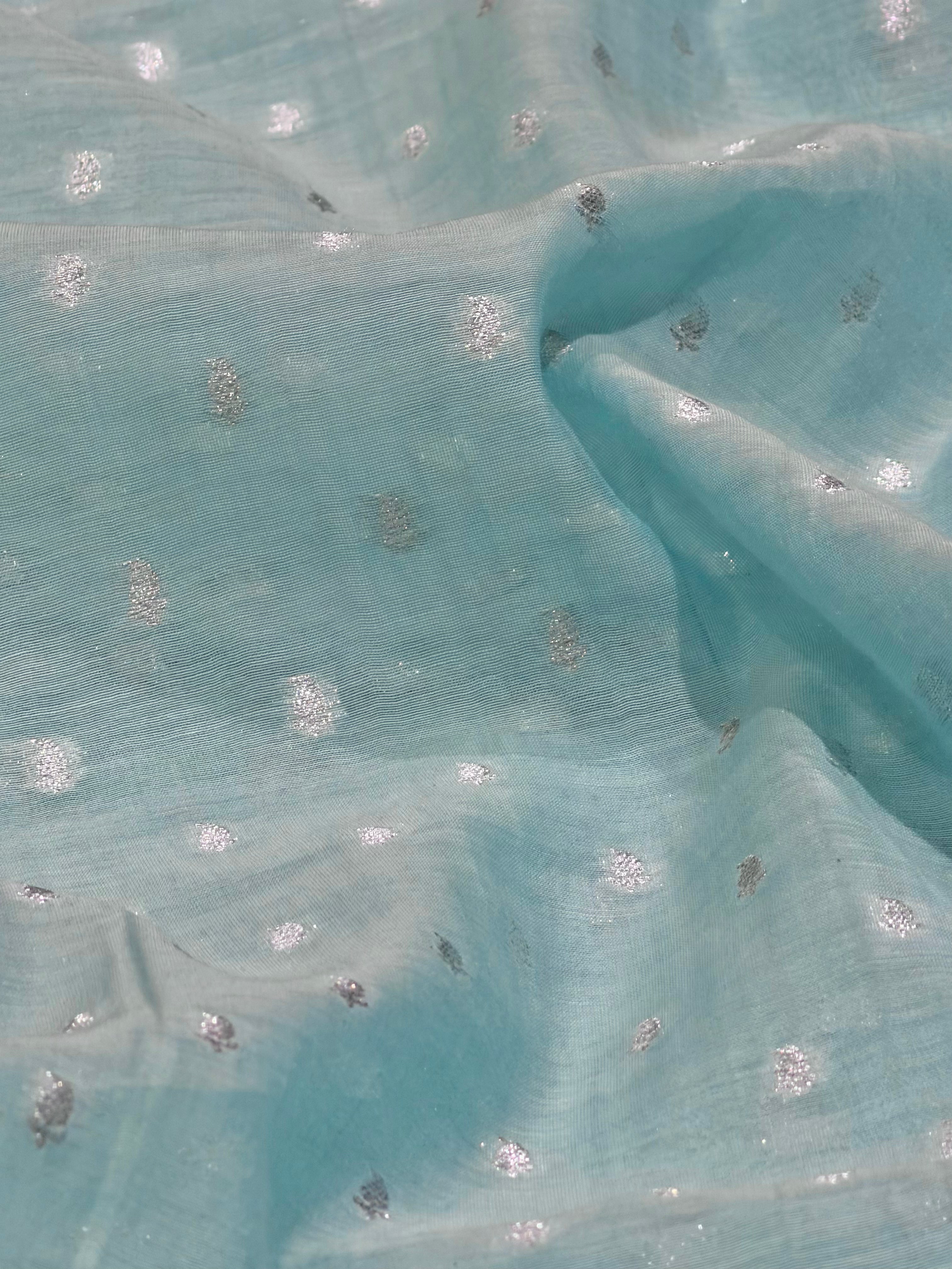 Powder Blue Pure Mul Fabric With Silver Zari