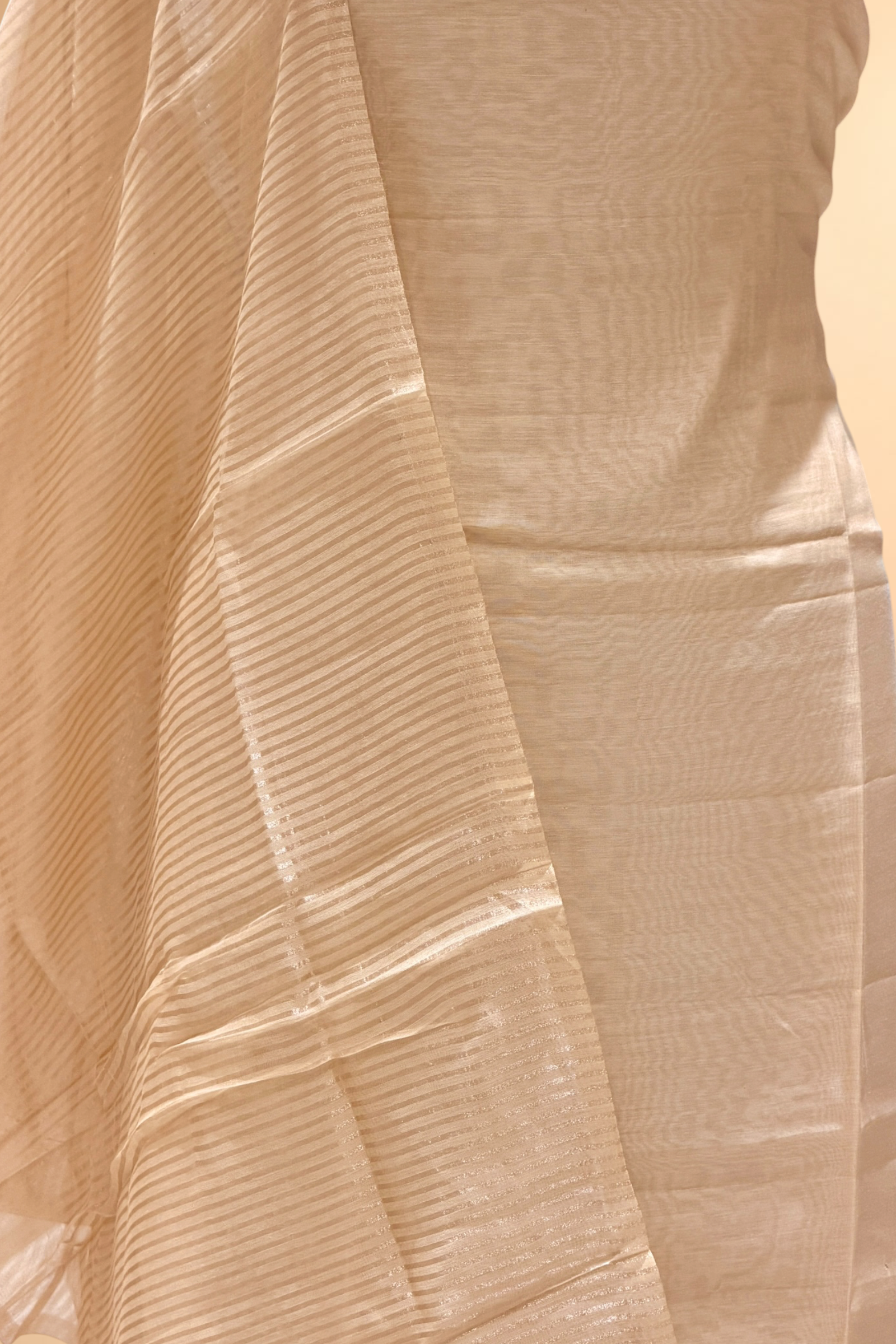 Champagne Beige Mul Suit Set with Tissue Panel Top & Stripe Dupatta