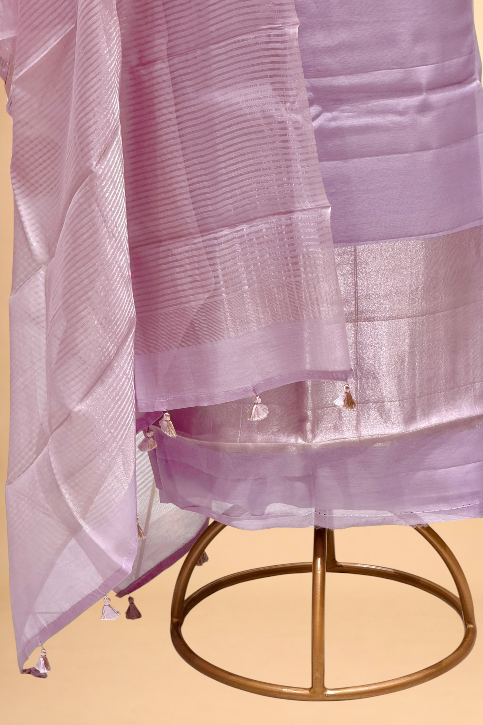 Lavender Mul Suit Set with Tissue Panel Top & Stripe Dupatta