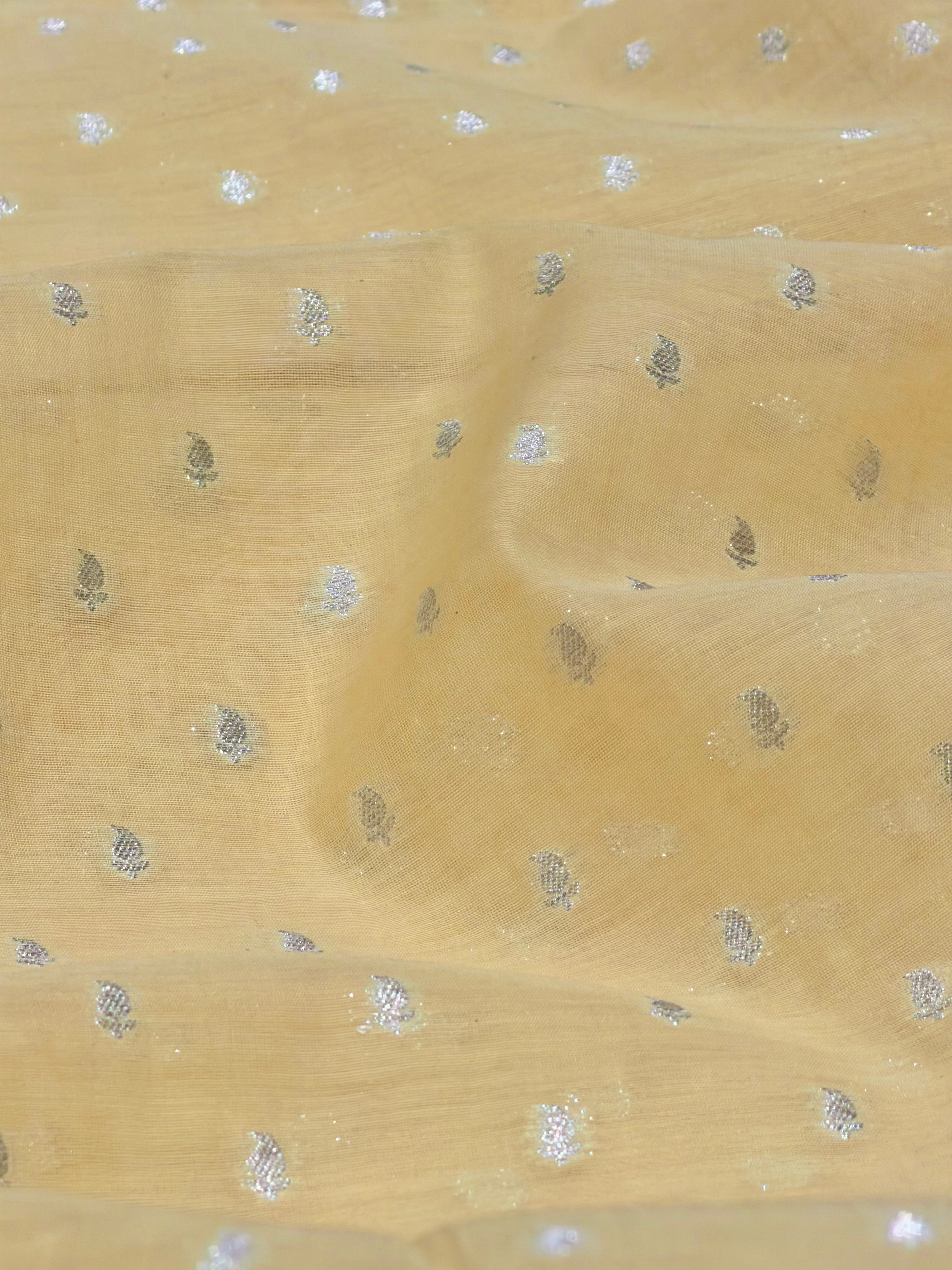 Light Yellow Pure Mul Fabric With Silver Zari