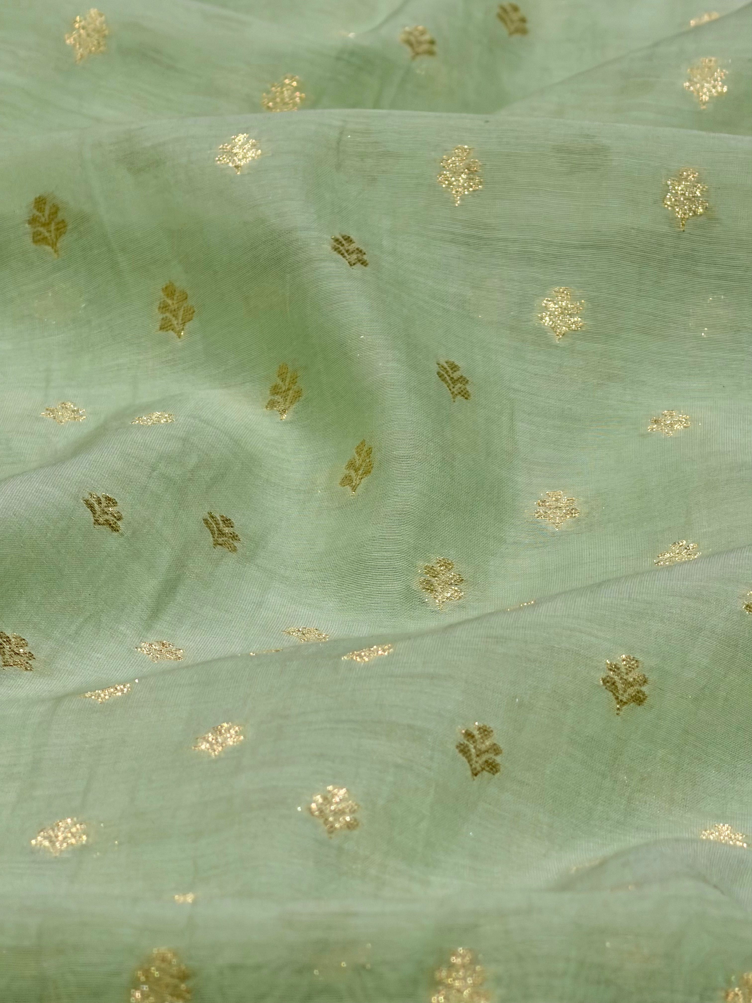 Dusty Green Pure Mul Fabric With Gold Zari