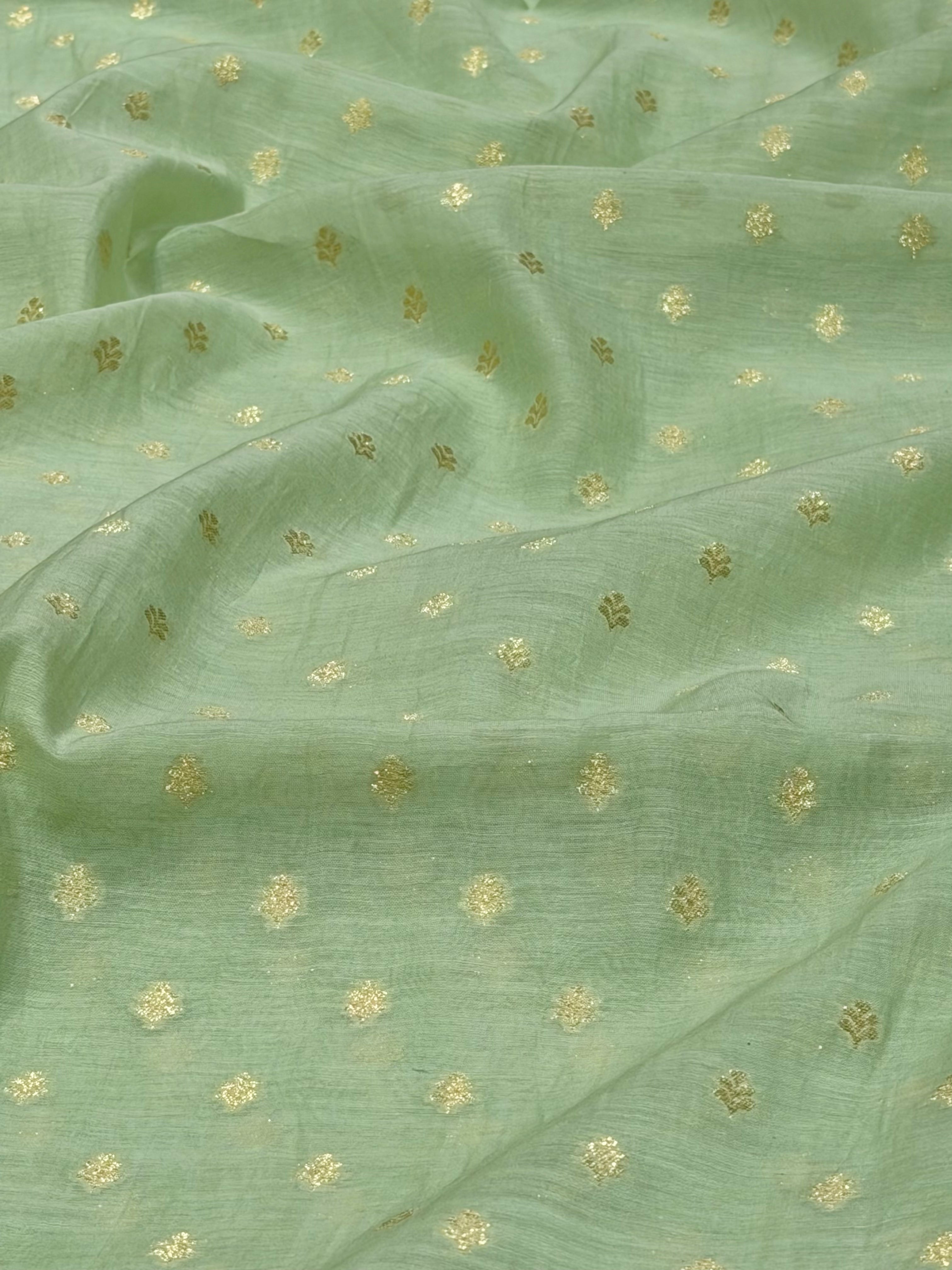 Dusty Green Pure Mul Fabric With Gold Zari