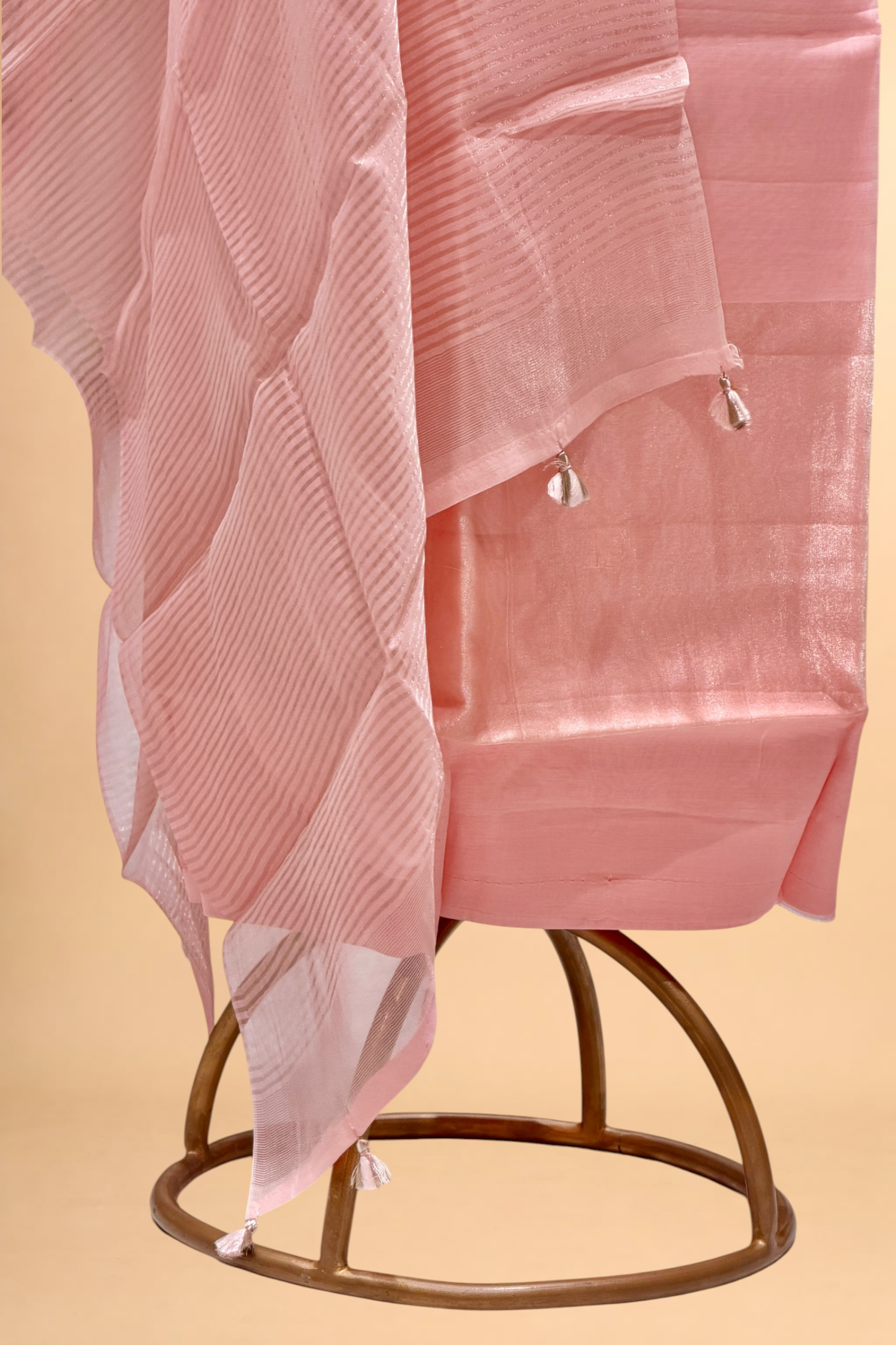 Pastel Pink Mul Suit Set with Tissue Panel Top & Stripe Dupatta