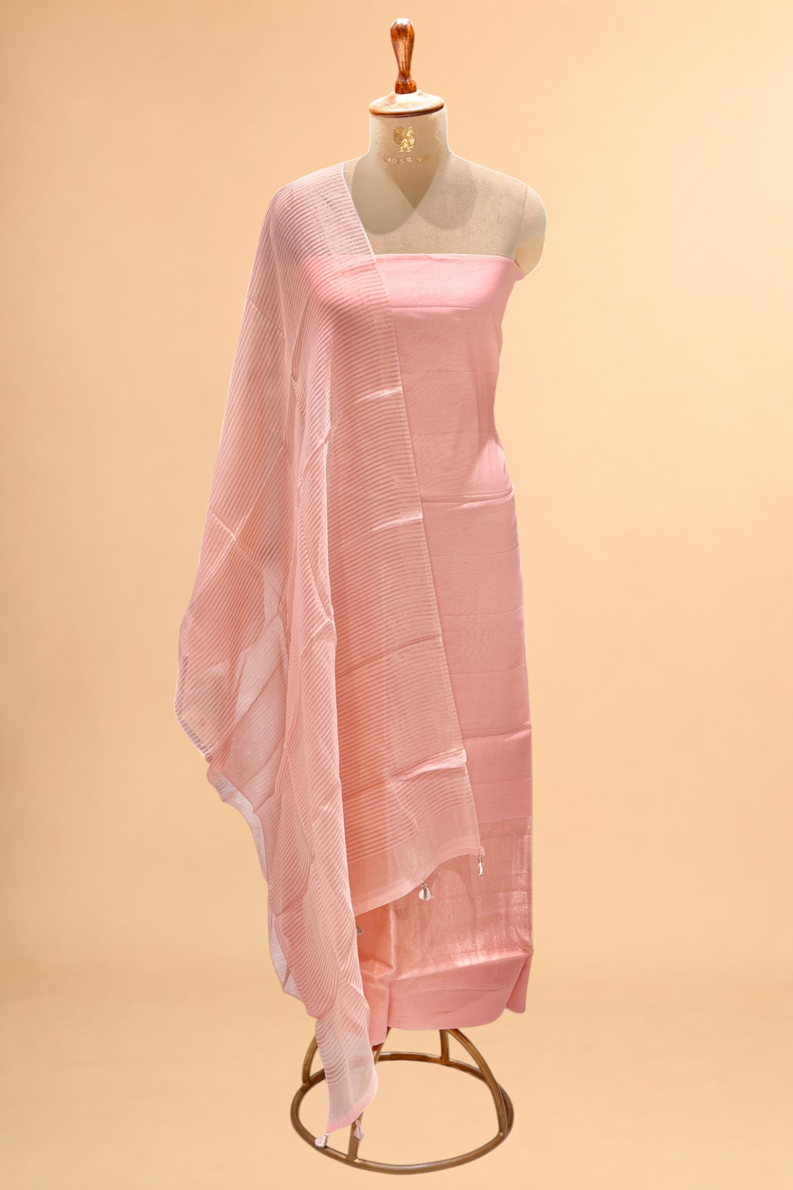 Pastel Pink Mul Suit Set with Tissue Panel Top & Stripe Dupatta
