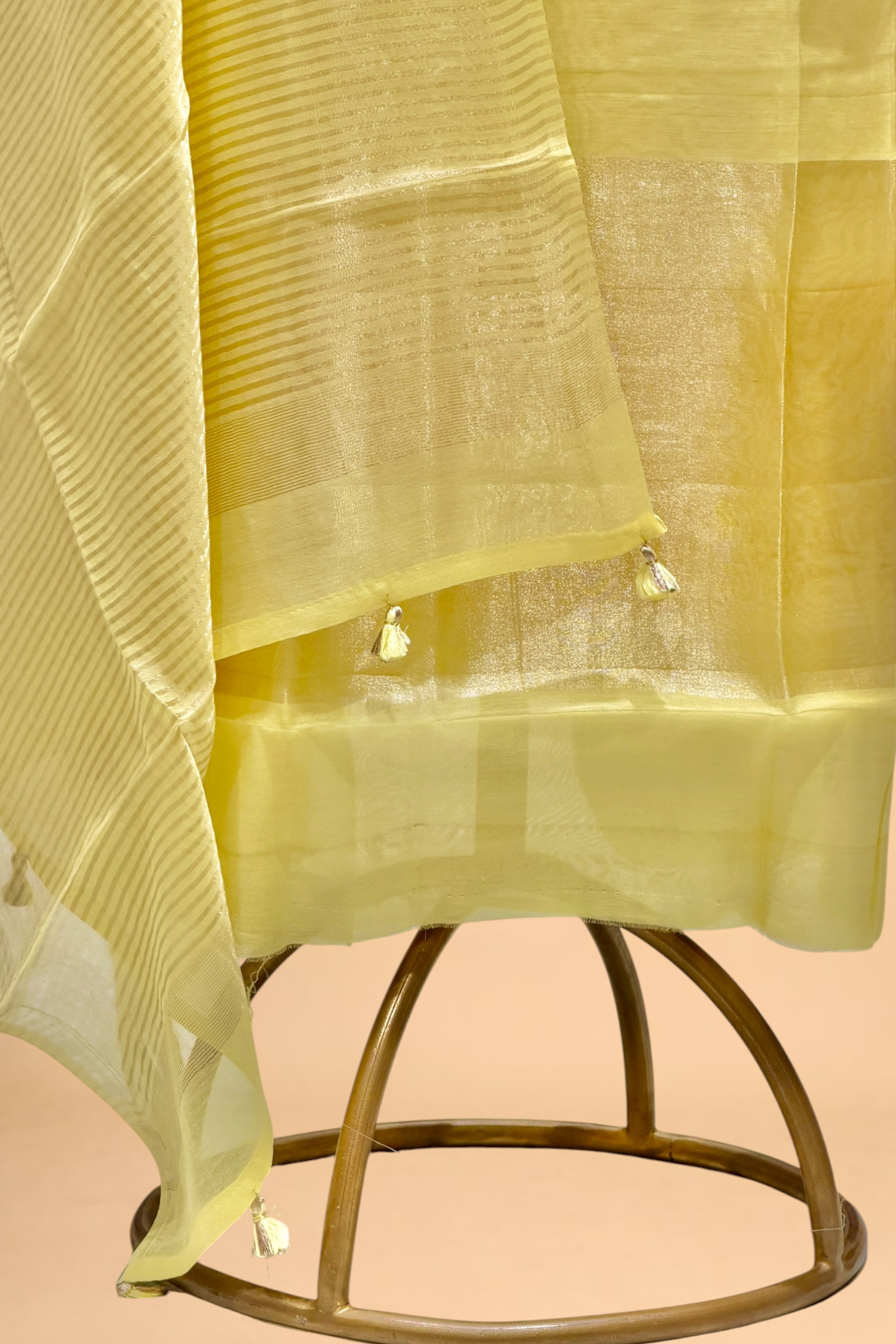Pastel Yellow Mul Suit Set with Tissue Panel Top & Stripe Dupatta