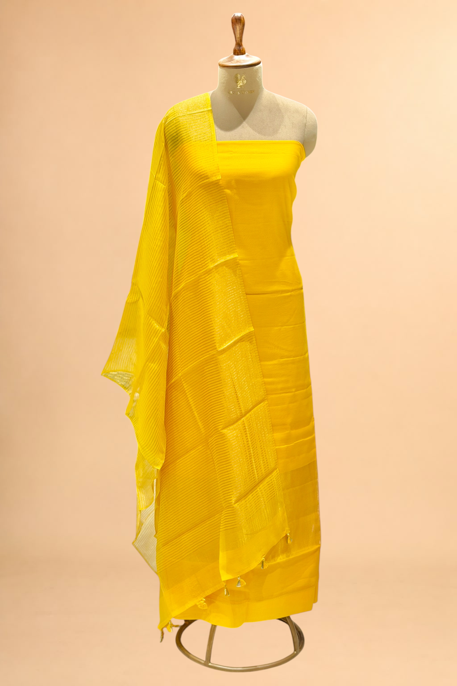 Sunshine Yellow Mul Suit Set with Tissue Panel Top & Stripe Dupatta