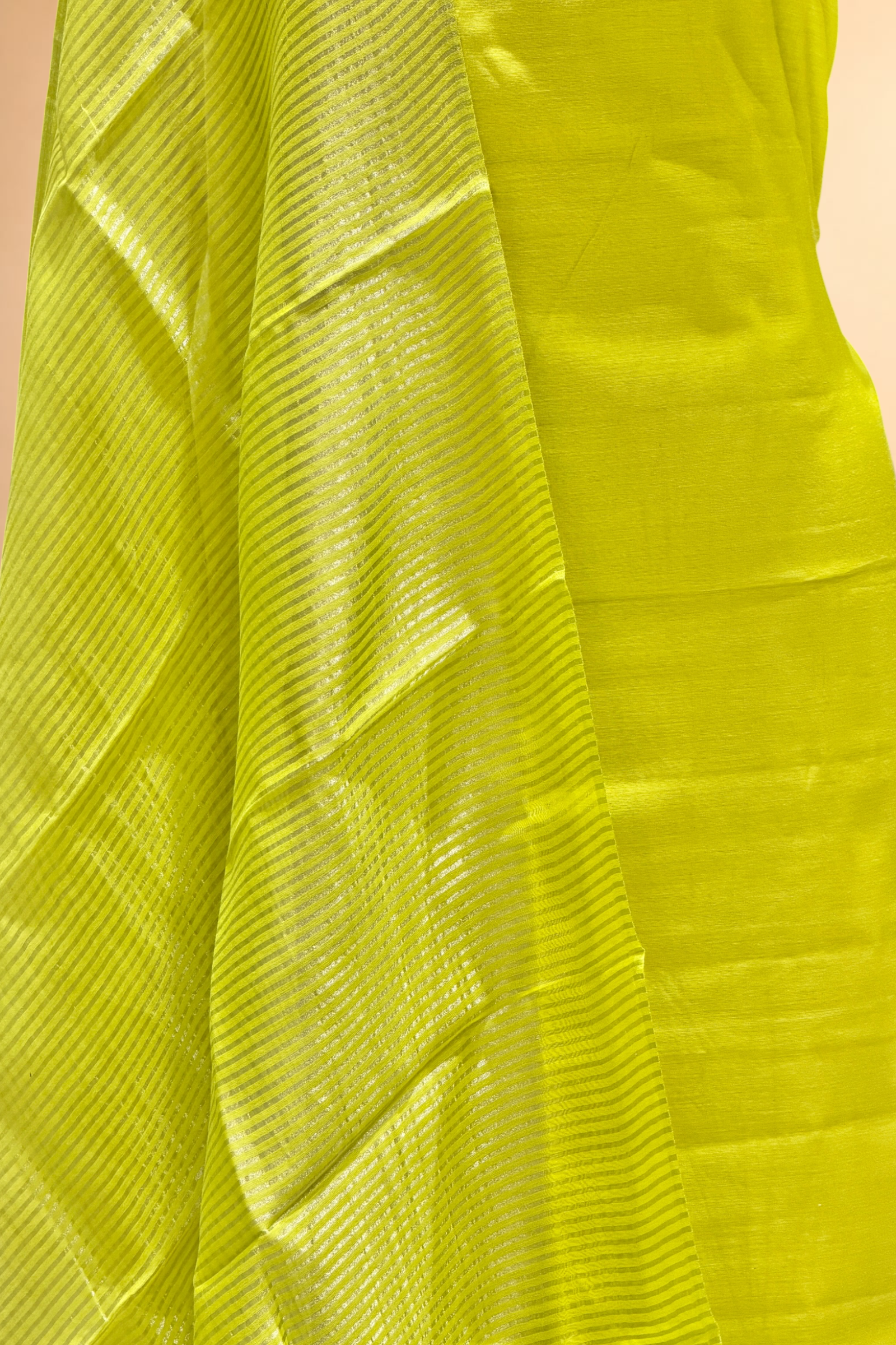 Lime Green Mul Suit Set with Tissue Panel Top & Stripe Dupatta