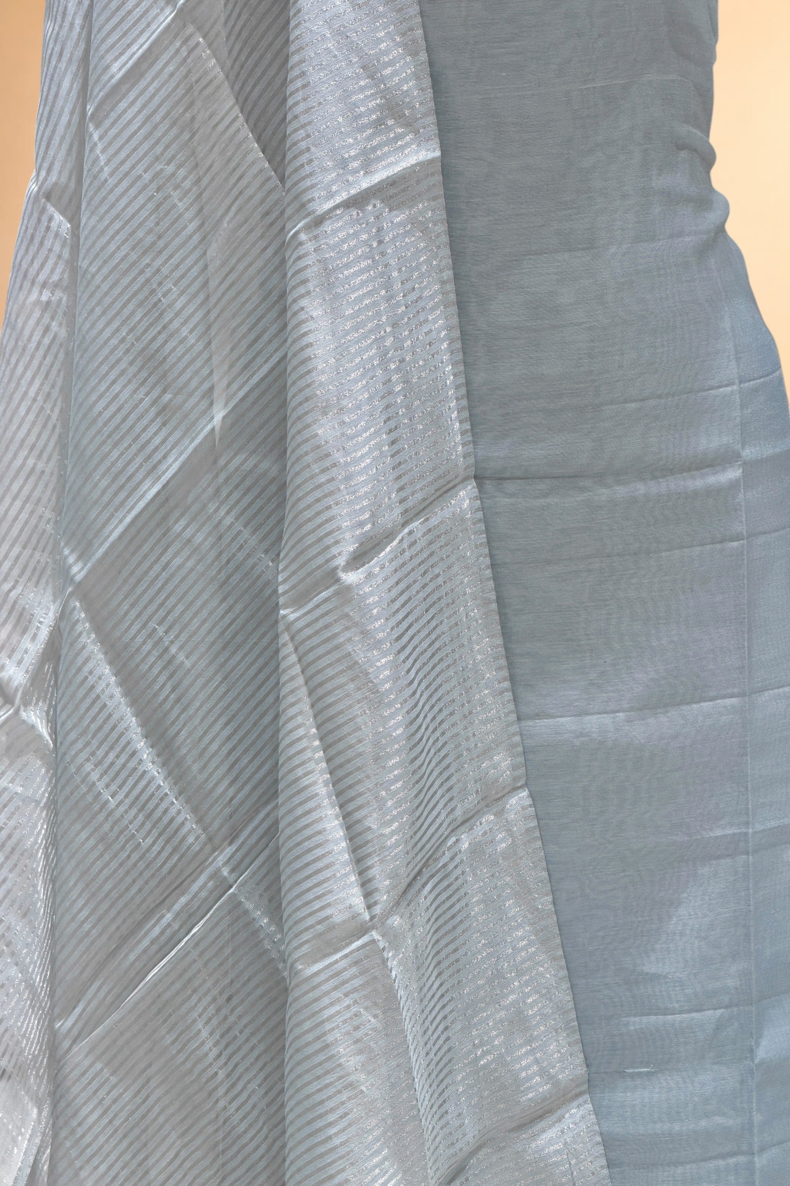 Grey Mul Suit Set with Tissue Panel Top & Stripe Dupatta
