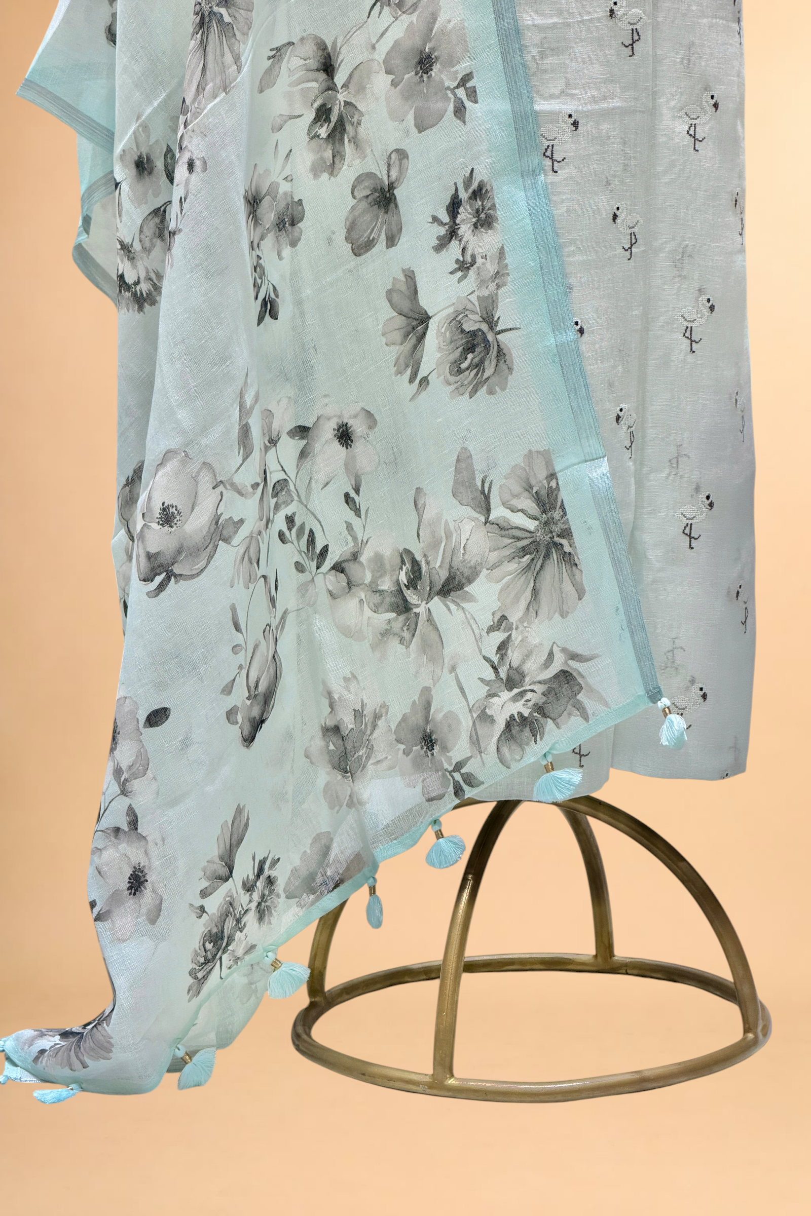 Powder Blue Linen Suit Set with Embroidered Bird Motifs & Floral Printed Dupatta