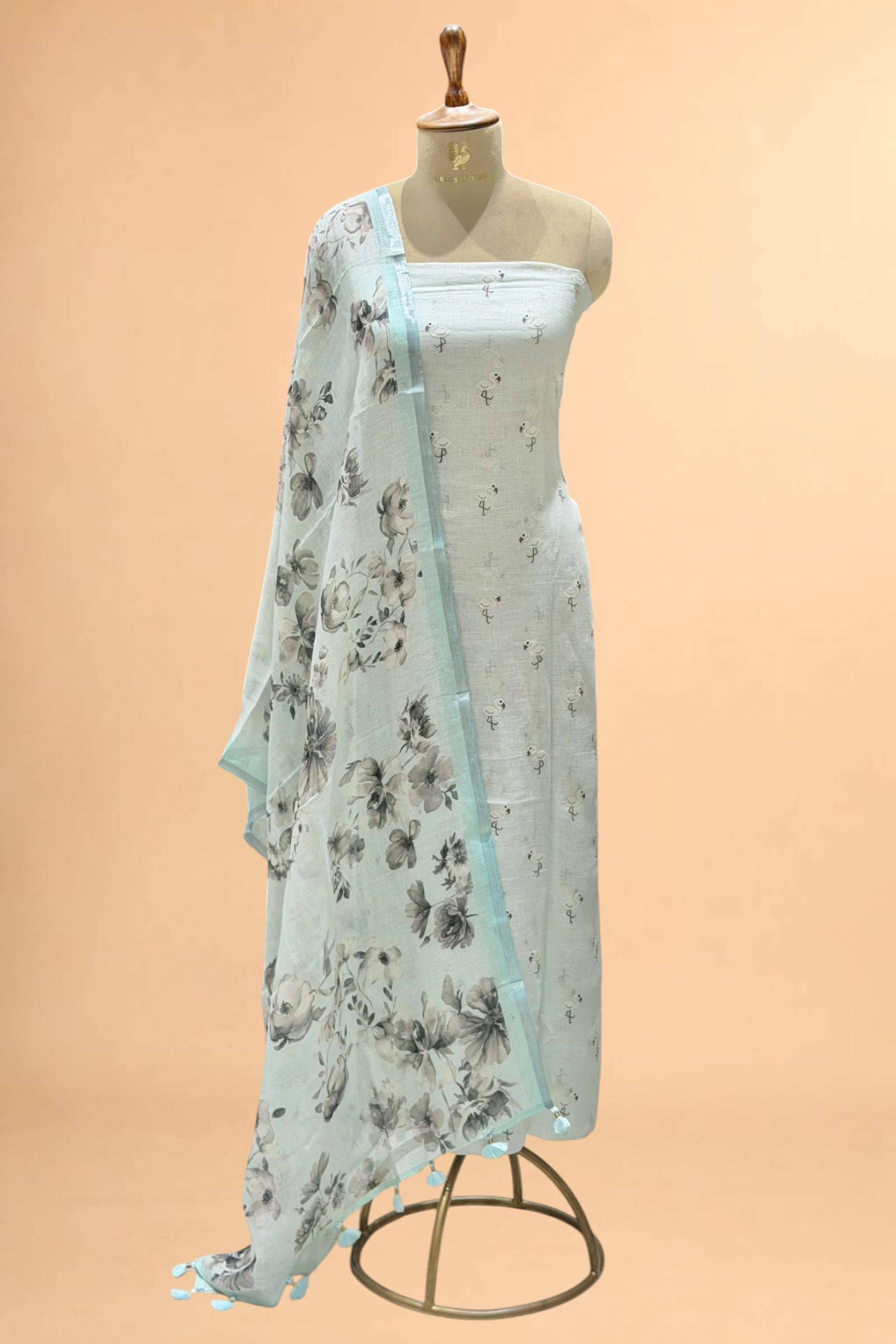 Powder Blue Linen Suit Set with Embroidered Bird Motifs & Floral Printed Dupatta