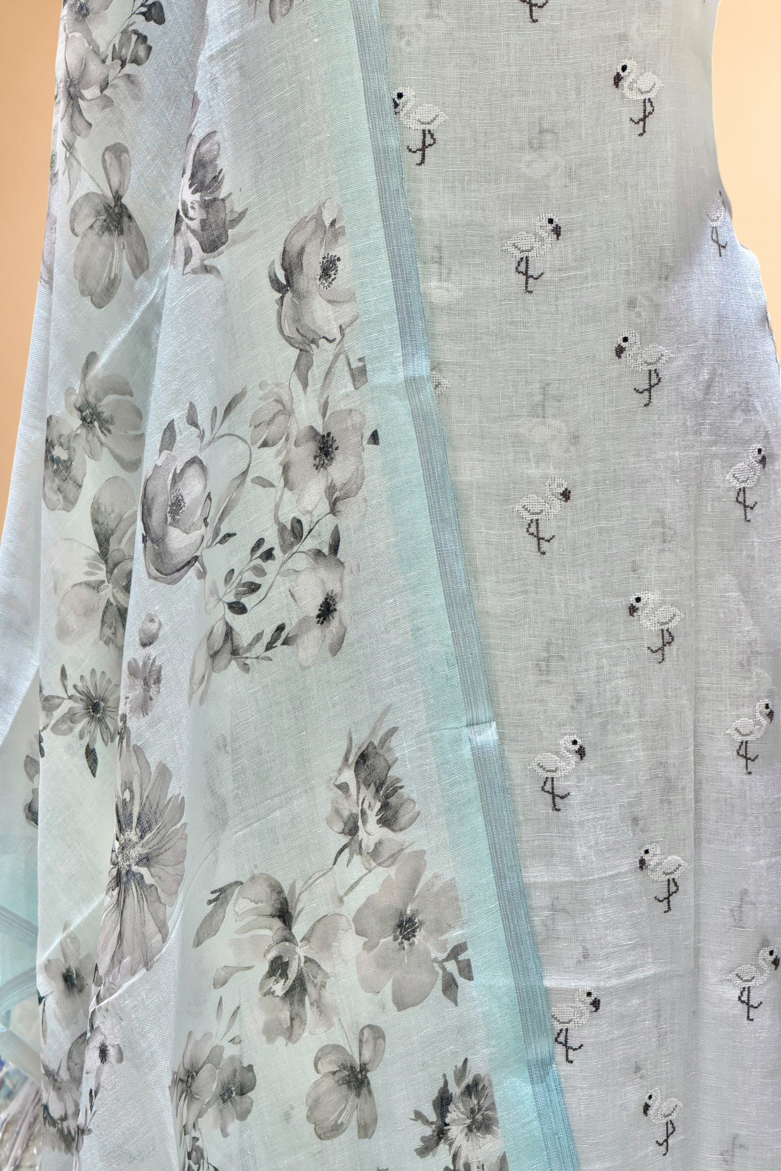 Powder Blue Linen Suit Set with Embroidered Bird Motifs & Floral Printed Dupatta